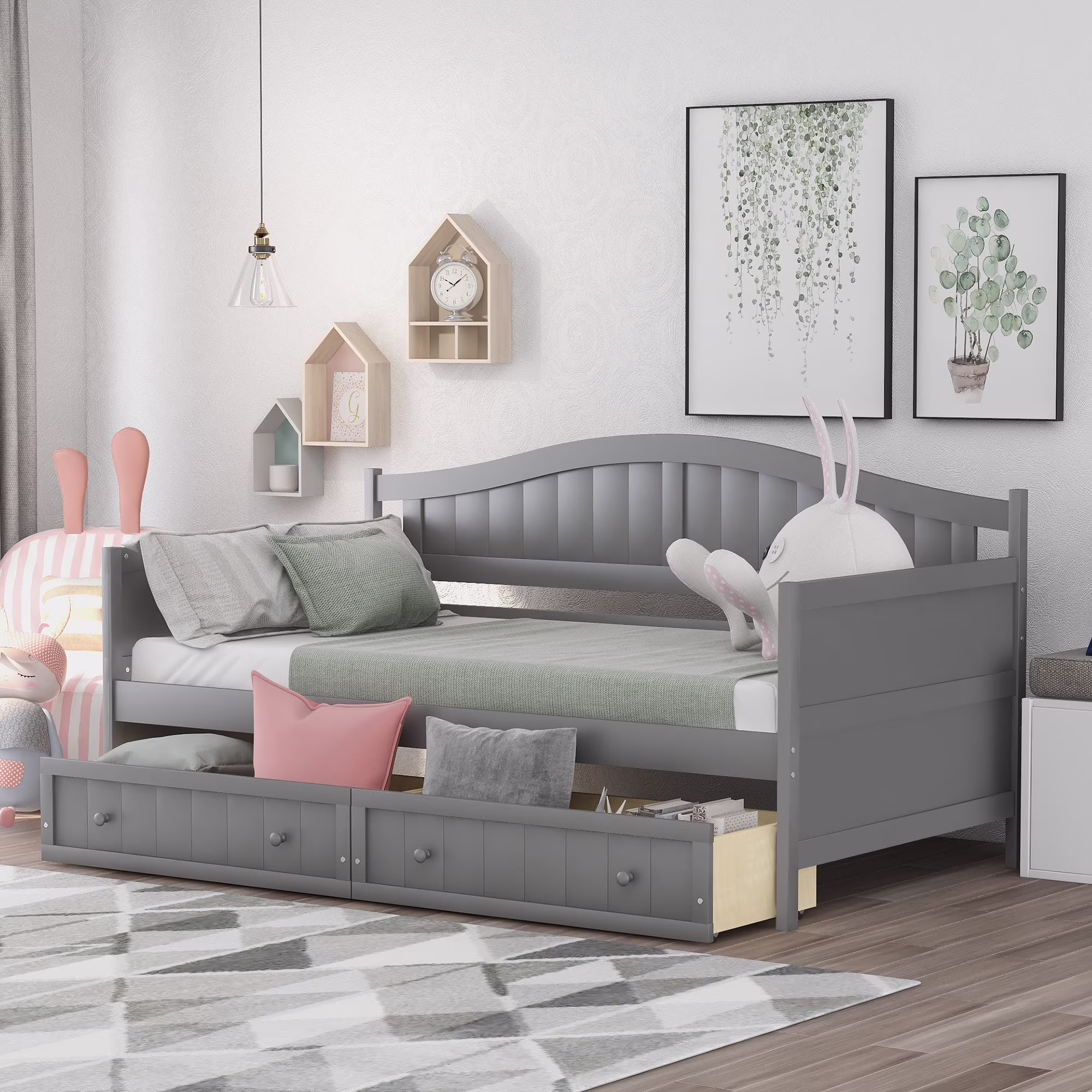 Nestfair Gray Twin Size Wooden Daybed with 2 Drawers