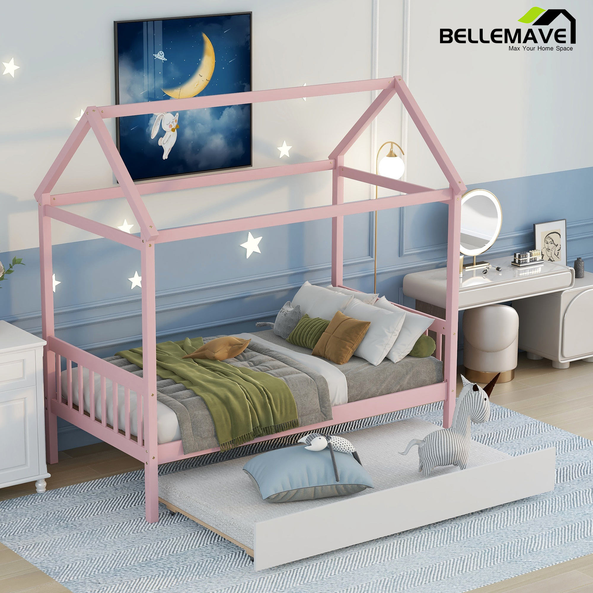 Bellemave Twin Size House Bed with Trundle Kids Wooden House Platform Bed with Headboard and Footboard Playhouse Bed Frame for Boys, Girls, Teens, Pink