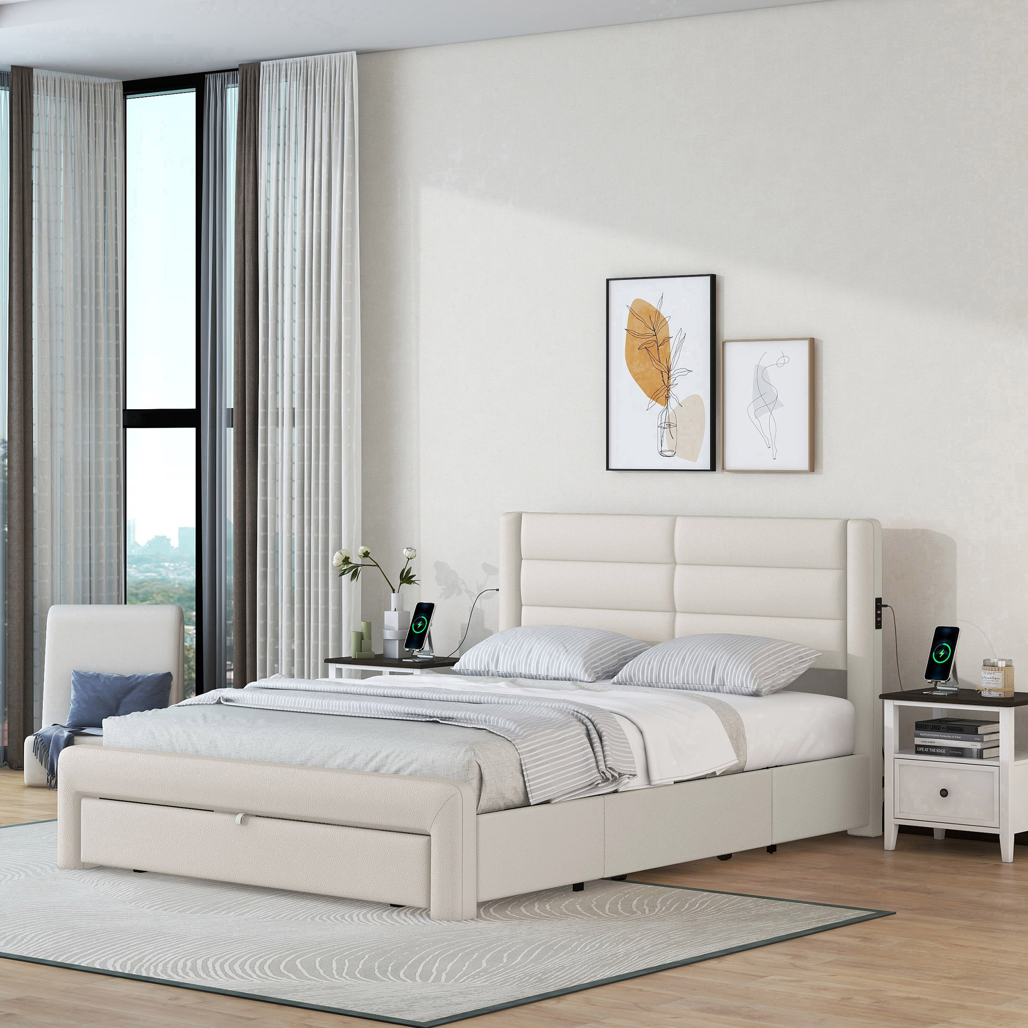 Queen Bed Frame with Storage Drawers - Upholstered Platform Bed, Convenient Queen Size Bedframe with Storage-Beige