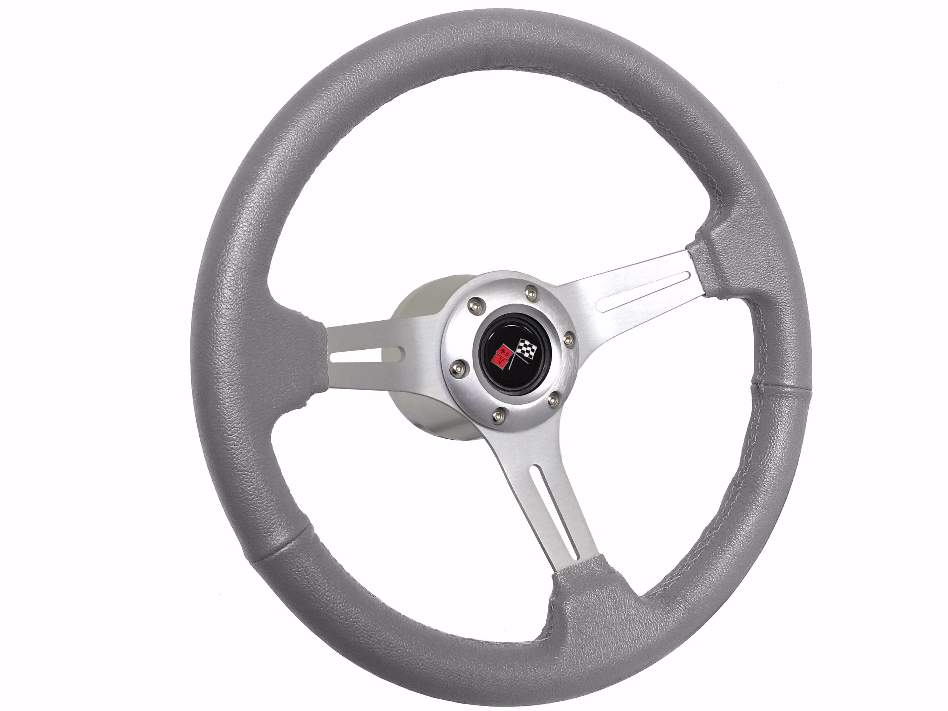 1969 - 1994 Chevrolet S6 Grey Leather Steering Wheel Brushed Kit | Cross Flags
