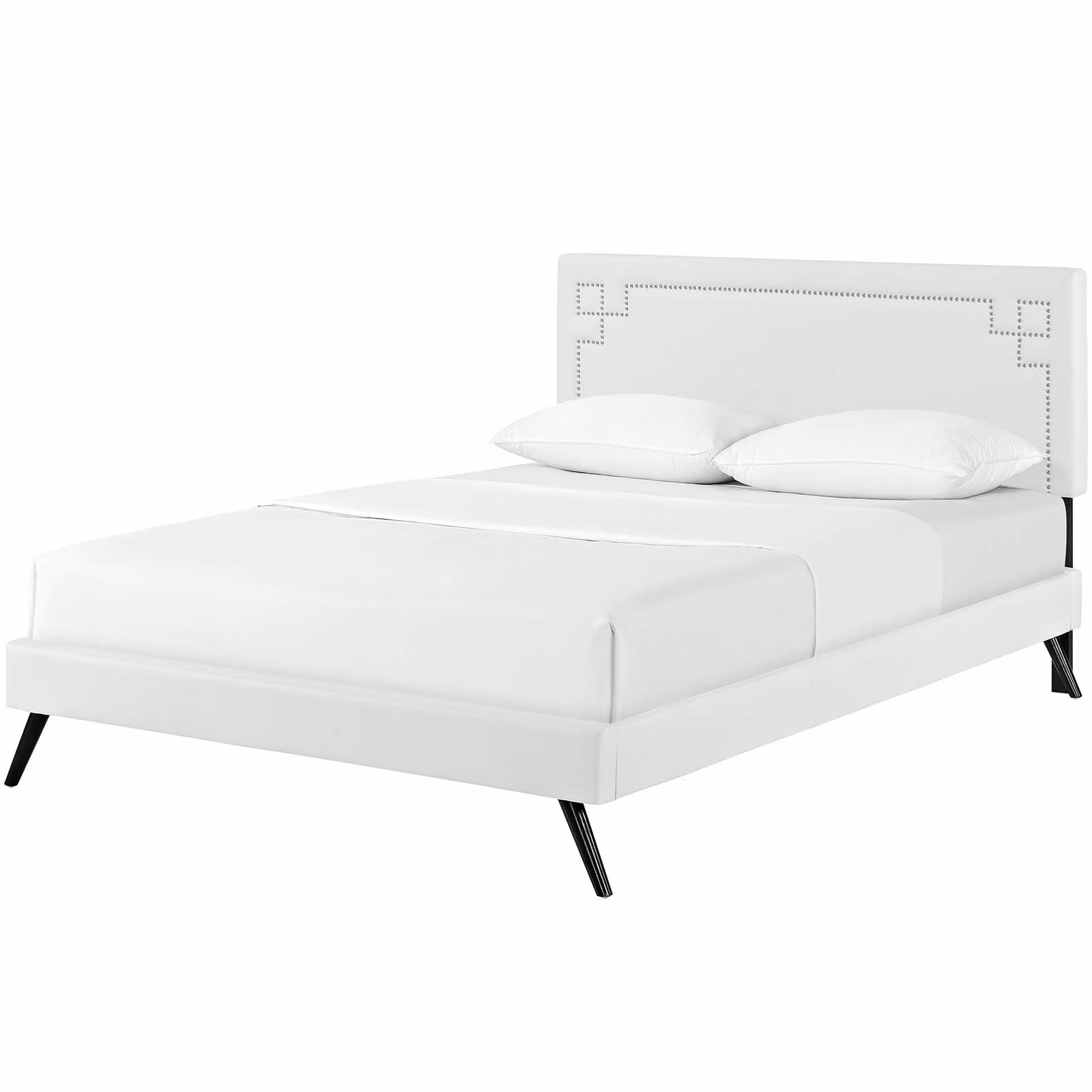 Modern Contemporary Urban Design Bedroom Full Size Platform Bed Frame, Faux Vinyl Leather, White