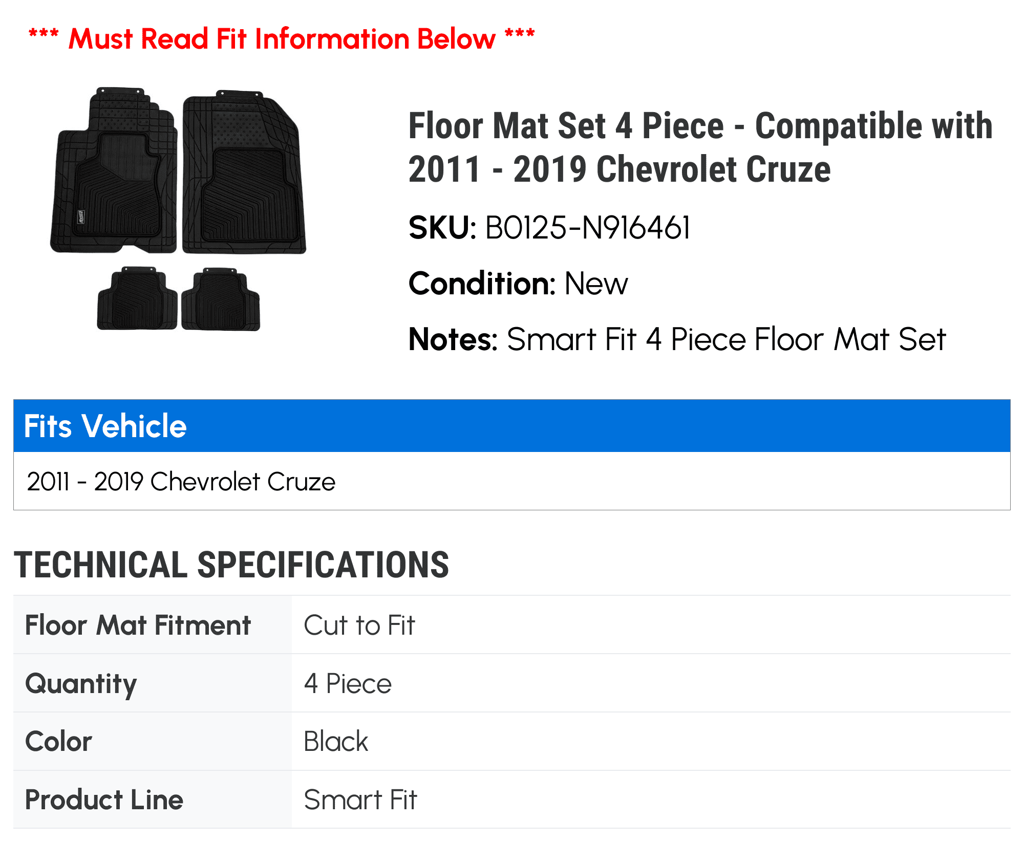 Floor Mat Set 4 Piece - Compatible with 2011 - 2019 Chevy Cruze 2012 2013 2014 2015 2016 2017 2018