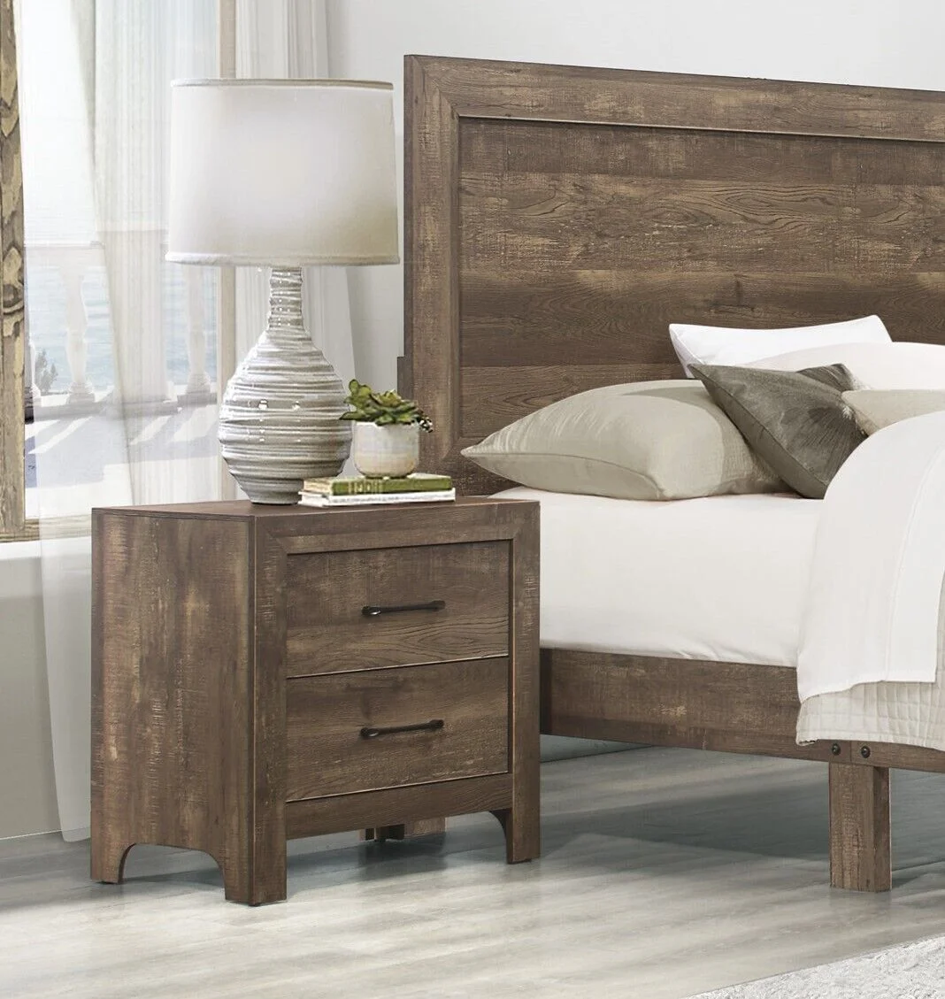 Contemporary Rustic Brown Finish 5 Piece Bedroom Set Queen Bed Nightstand Dresser Mirror Chest Simple Design
