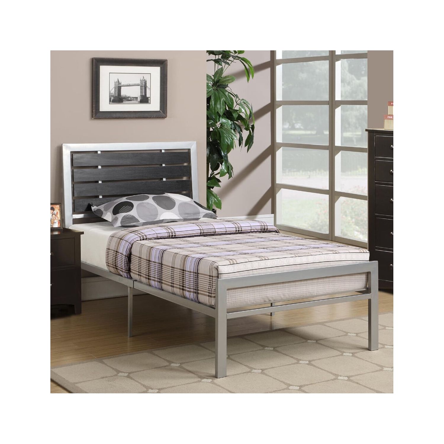 BenJara Chic Wooden Full Bed With Black Wood Panel Headboard, Silver