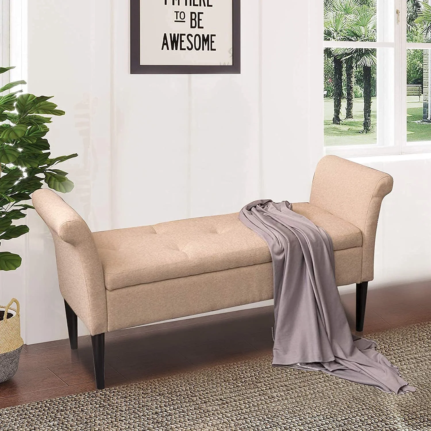 Andeworld Modern Armed Upholstered Storage Ottoman Bench for Bedroom Entryway Hallway Living Room Fabric Tan