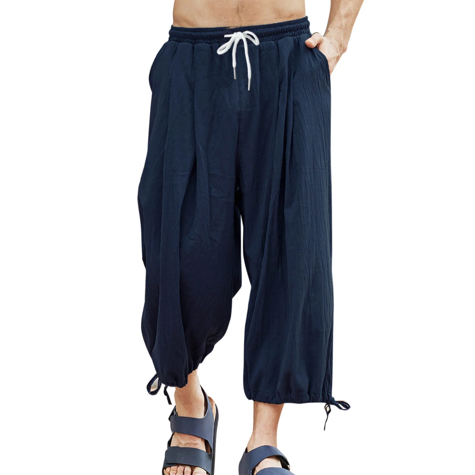 Mens Casual Solid Cropped Pants Drawstring Pocket Lace Up Hem Pant Loose Trouser Legs Trousers Sweatpants Navy M