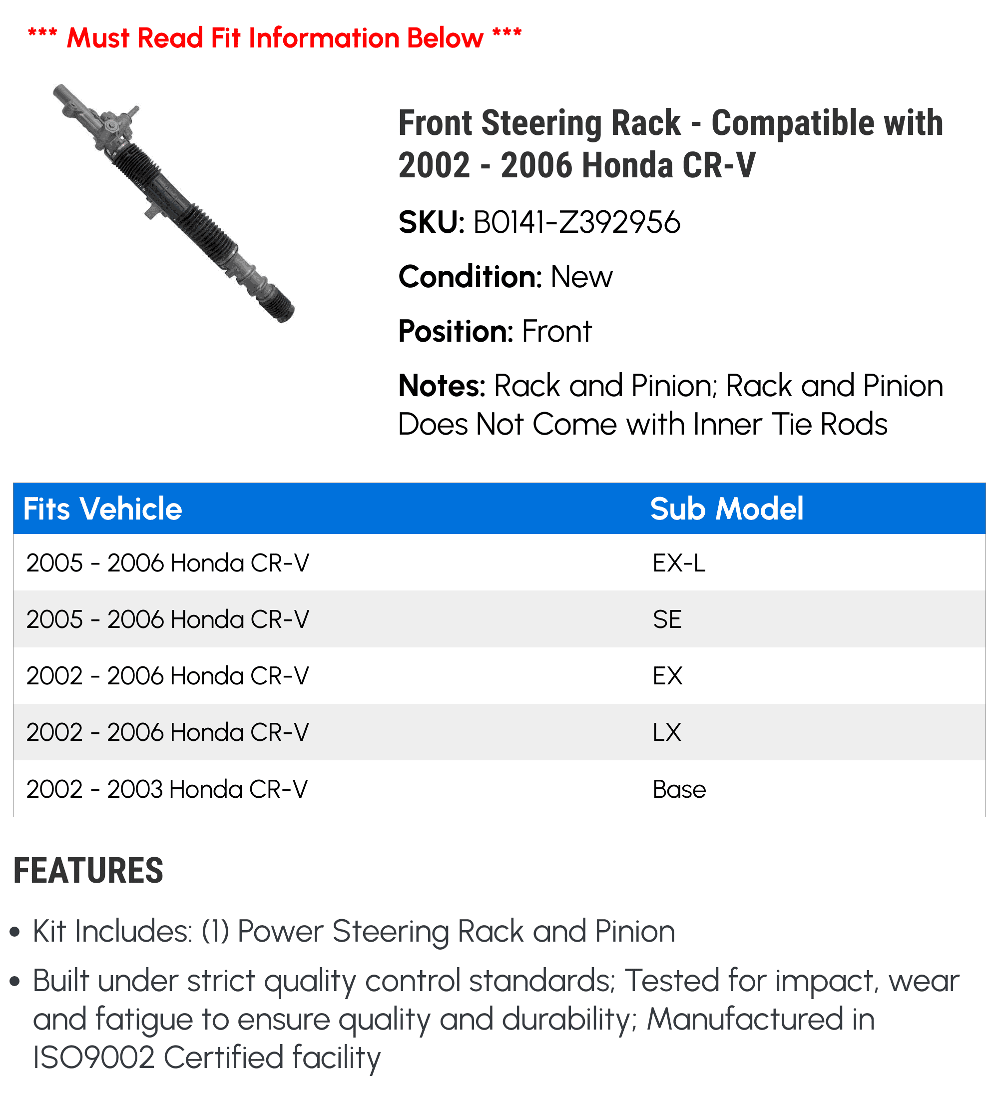 Front Steering Rack - Compatible with 2002 - 2006 Honda CR-V 2003 2004 2005