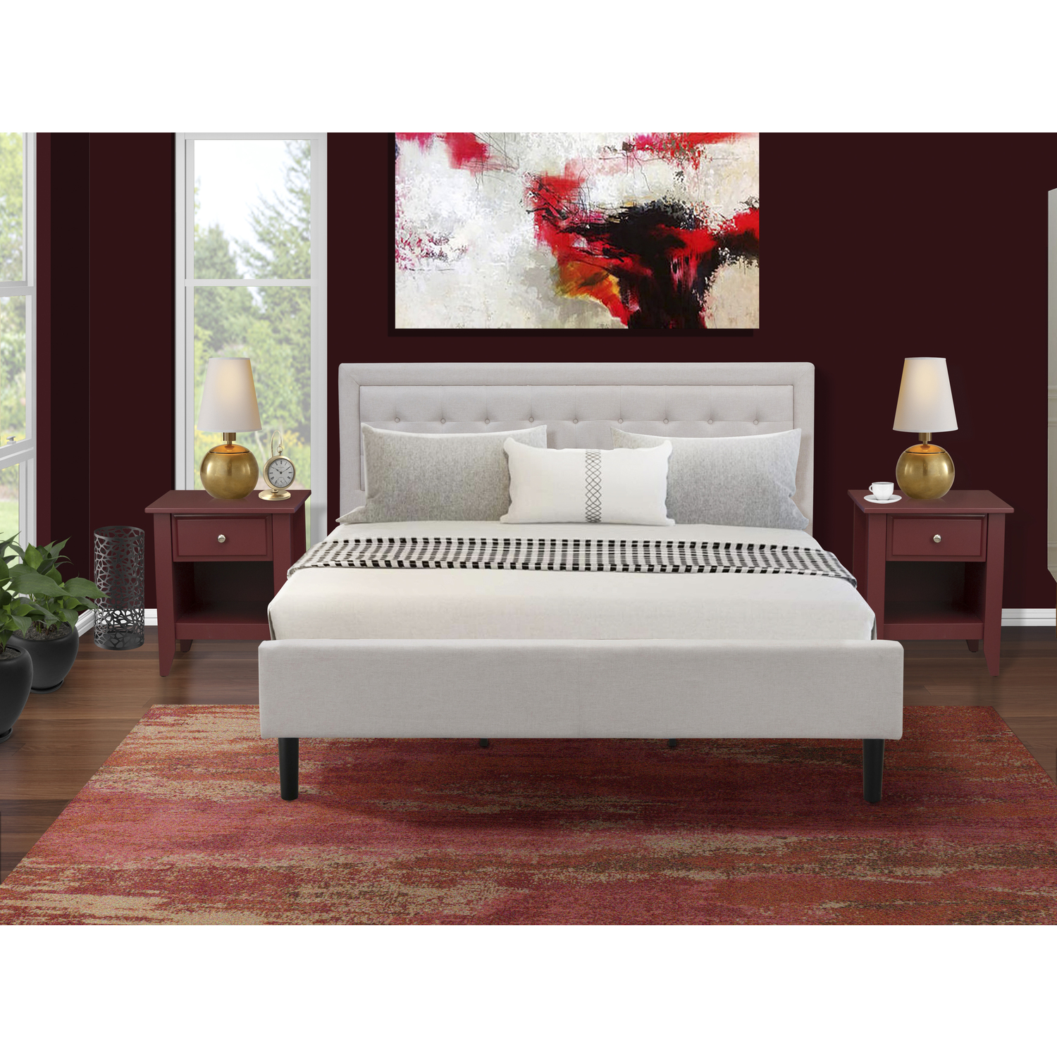 East West Furniture 3-piece Wood Fannin King Bedroom Set in Mist Beige/Burgundy
