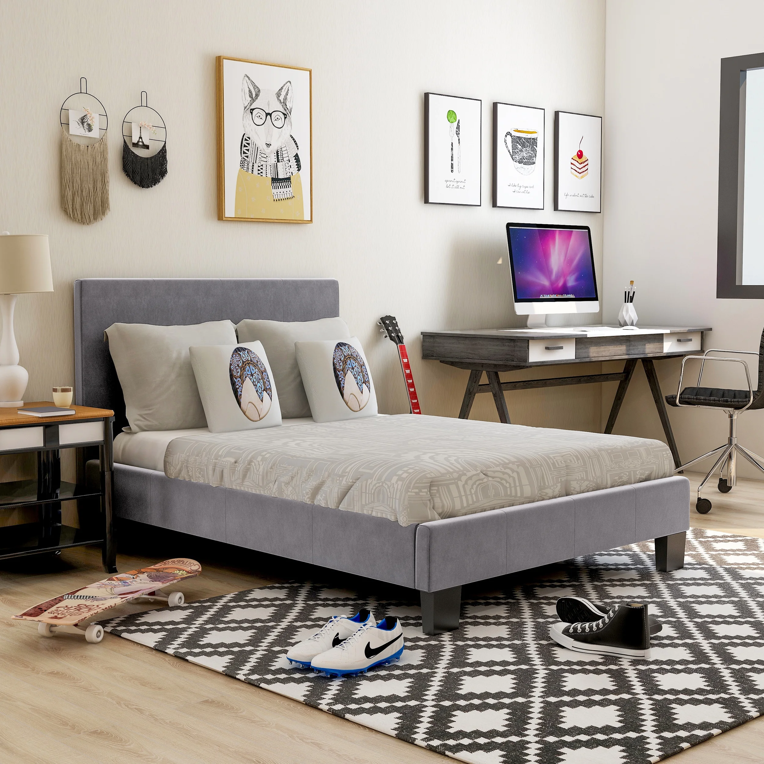 Furniture of America Full Size Platform Leatherette Bed 6-Inch Mattress, Gray (Assembly Required)