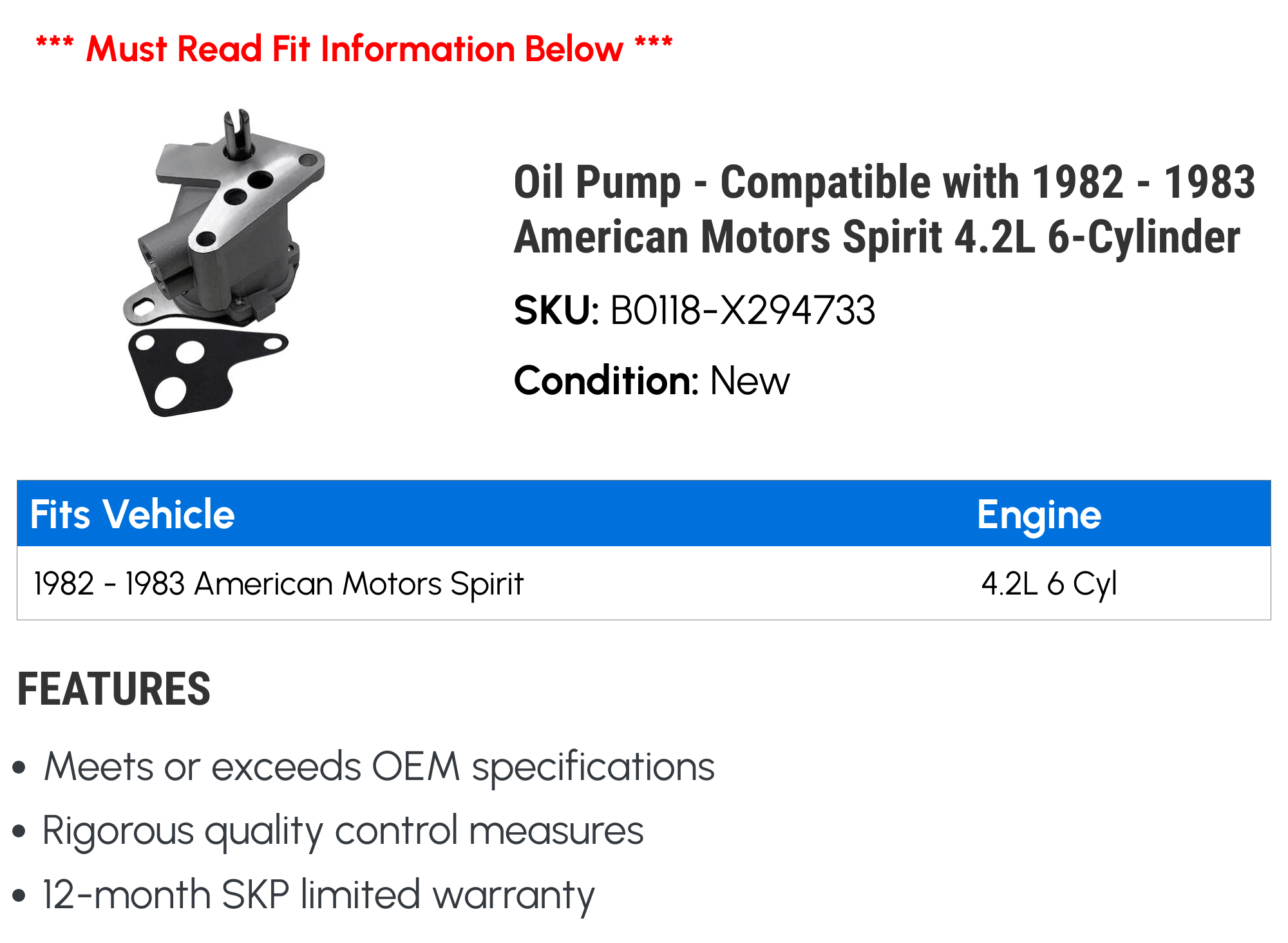 Pump - Compatible with 1982 - 1983 American Motors Spirit 4.2L 6-Cylinder