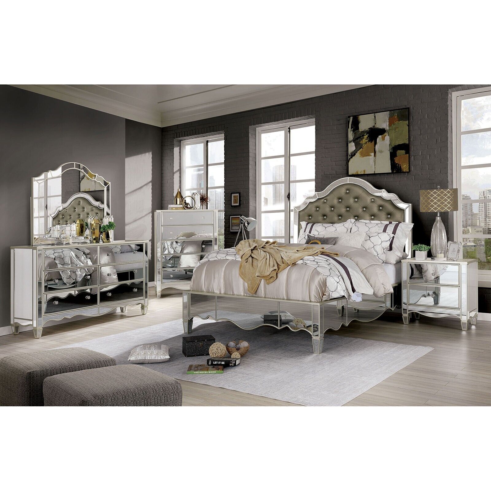 Glamour Traditional 4pc Bedroom Silver Color Queen Size Bed Set Dresser Mirror Nightstand Mirror Panel Tufted HB Bedframe