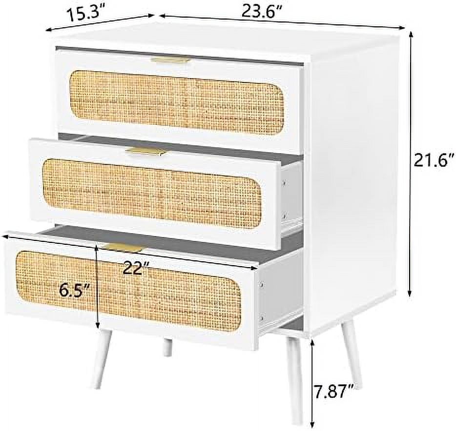 TJUNBOLIFE Rattan Nightstand Dresser Chest of 3 Drawers  Wood  Dresser Cabinet Organizer Unit for Bedroom Living Room Closet Office(Natural)