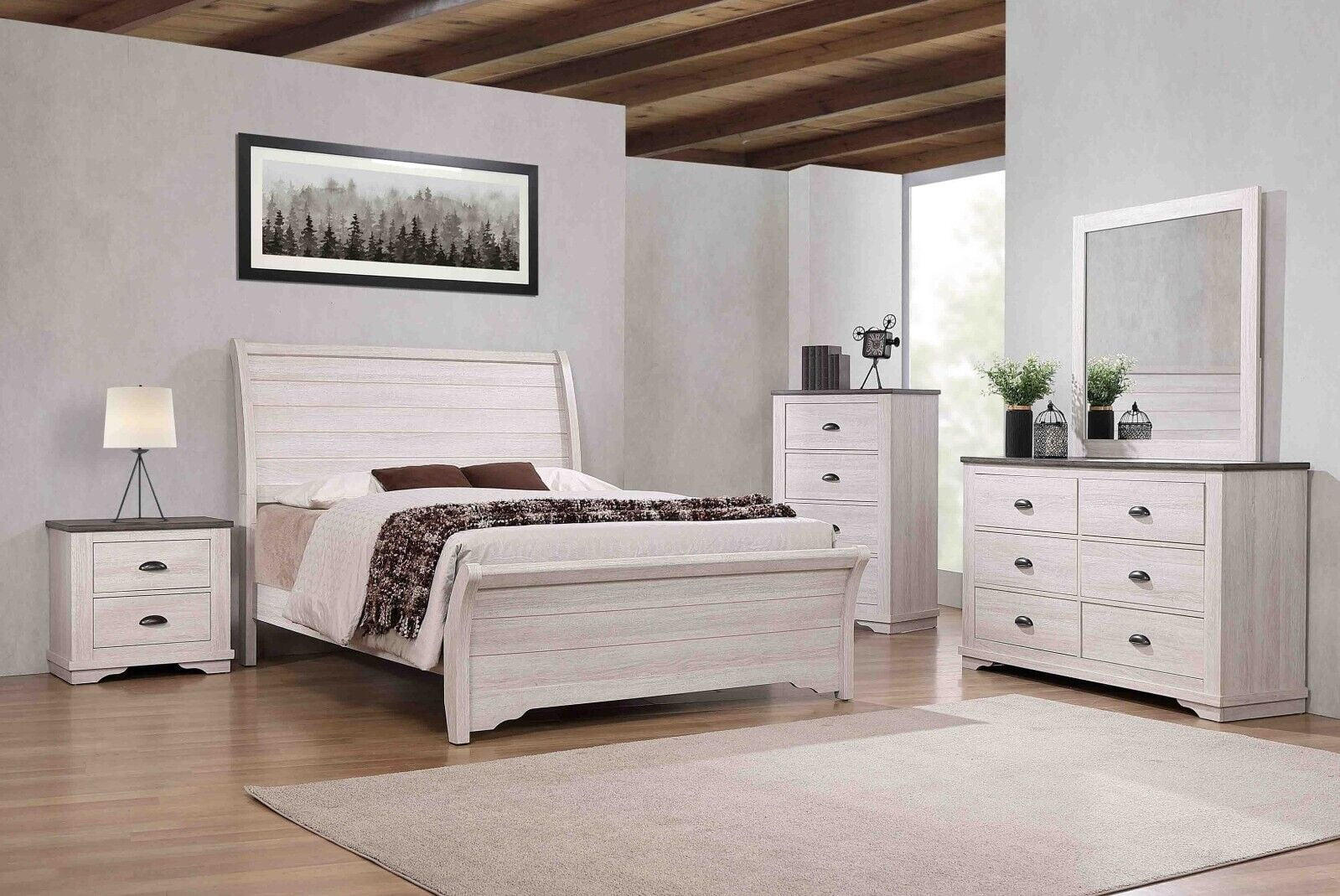 Traditional Rustic 6pc King Size Bed Dresser Mirror Chest 2x Nightstand Set Bedroom Wooden Furniture Chalk Gray Finish
