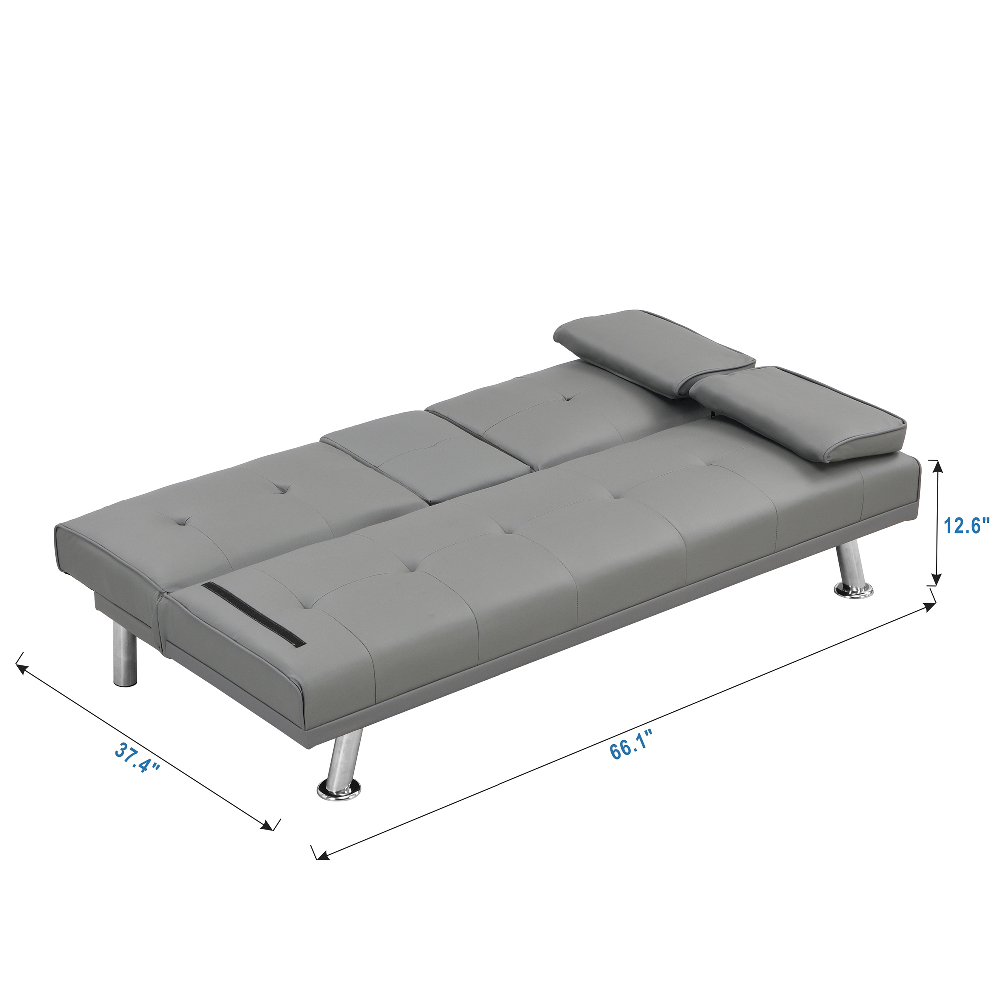 sofa bed with Armrest two holders WOOD FRAME, STAINLESS LEG, FUTON GREY PVC