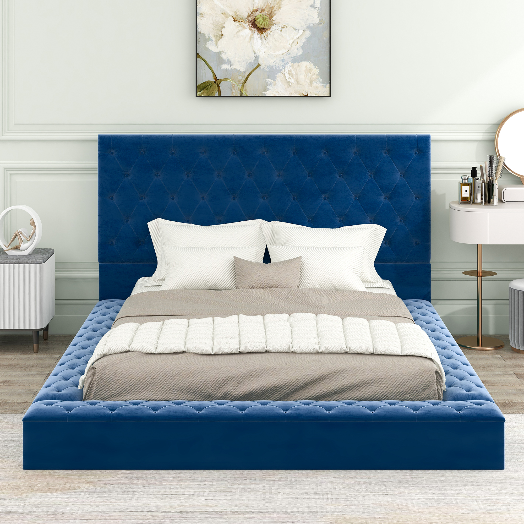 EUROCO Tufted Upholstery Platform Bed with Storage Compartments, Queen for Adults, Blue