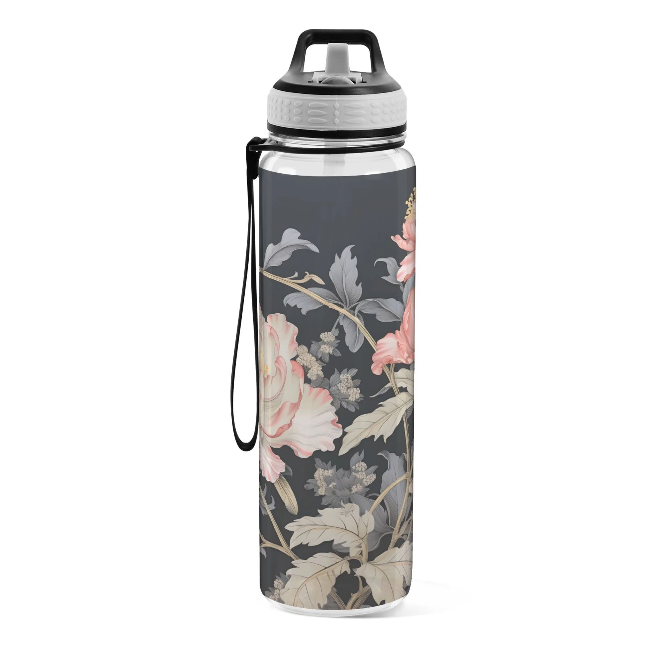 Flowers Pink with Leaves 32oz Water Bottles with Straw Tritan Leakproof Sports Bottle BPA Free Clear for Fitness Gym Swimming Cycling