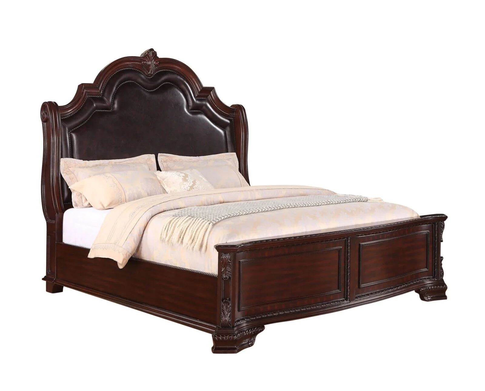 Classic Vintage Style 5Pc King Panel Bed Set Brown Finish Storage Bedroom Furniture Wooden Faux Leather