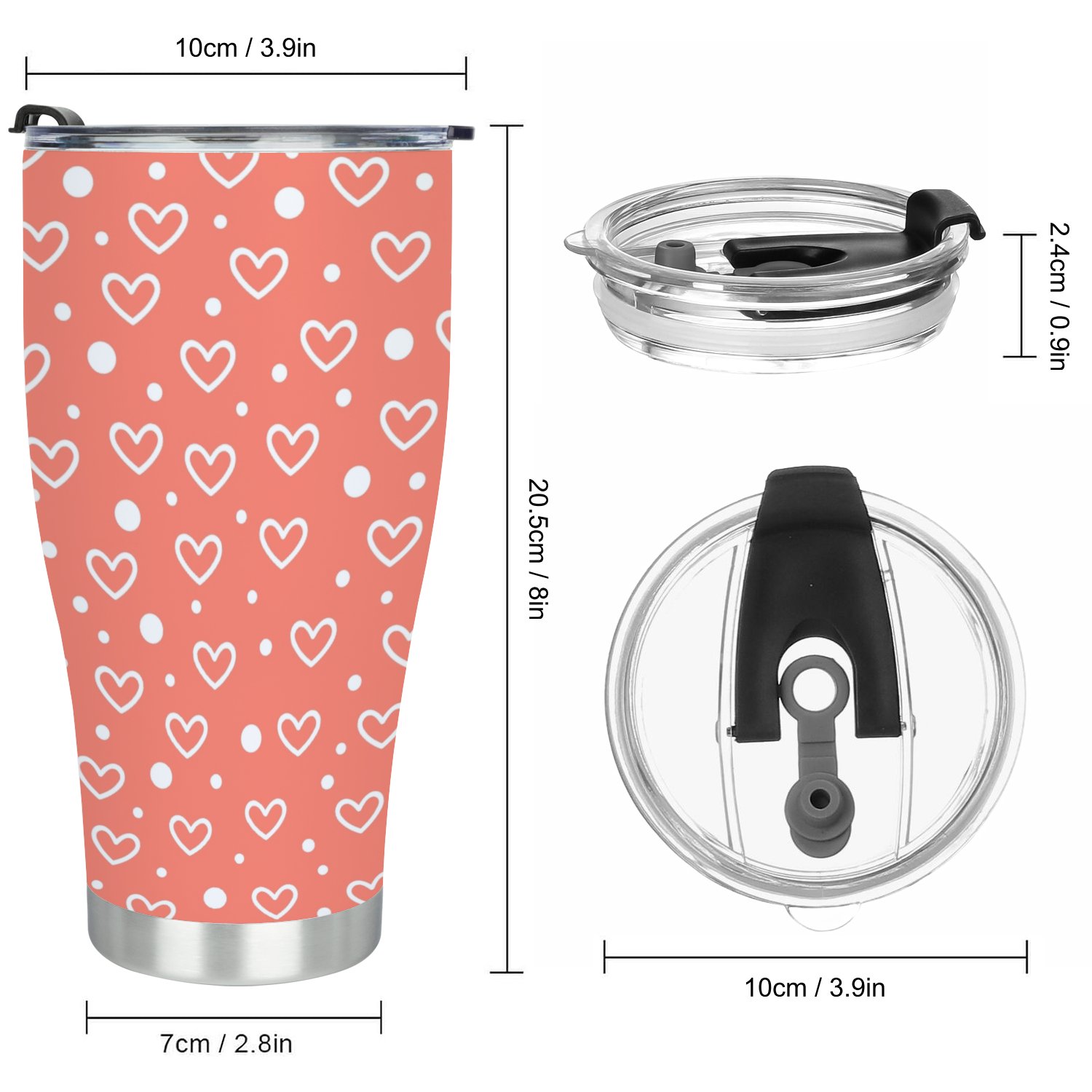Hidove Stainless Steel Tumbler, Romantic Seamless Pattern with White Hearts 30oz Leak Proof & Stainless Steel Bottle for Hot & Cold Drinks - Coffee Travel Mug, Water Metal Canteen, Thermal Cup