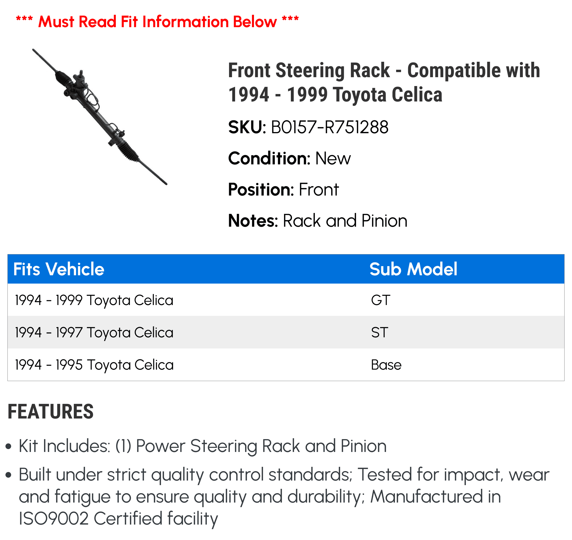 Front Steering Rack - Compatible with 1994 - 1999 Toyota Celica 1995 1996 1997 1998