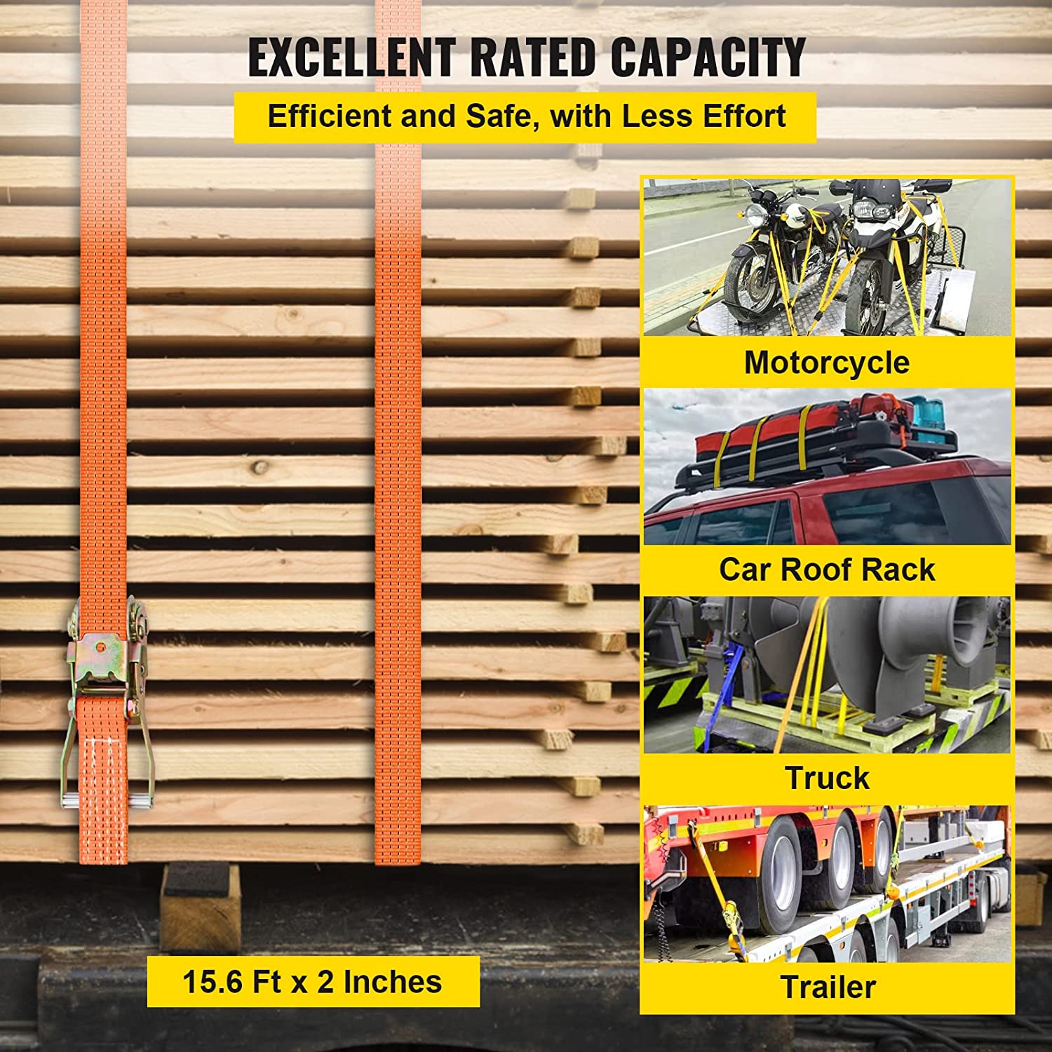 Vevor JLDCSSSGBDD12T3K7V0 2 x 15.6 ft. Heavy Duty Ratchet Tie Down Straps, Orange - Pack of 4