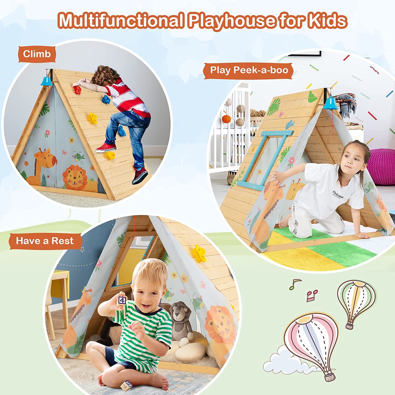 Triangle Climber with Tent, Kids Hideaway Play Tent & Rock Wall Climbing, Waterproof Tent Cover for Indoor Outdoor, Ring Bell, Wooden Climbing Triangle Crawling Tunnel Toy for Toddlers