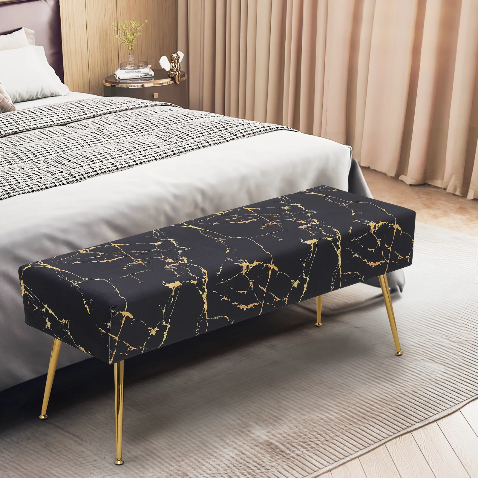 Magshion Rectangular Tufted Velvet Marbling Pattern Ottoman, Entryway Microfiber Shoe Stool, Bedroom End of Bed Bench, Home Footrest Footstool, Black/Gold