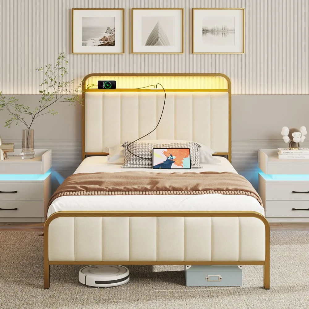 Rolanstar Bed Frame Twin Size with Charging Station and LED Lights, Upholstered Velvet Bed with Headboard Footboard, Golden Color