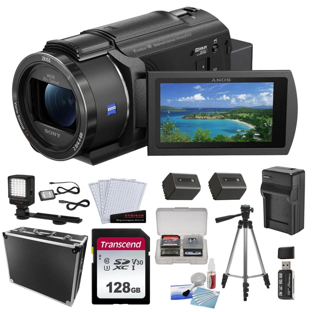 Sony FDR-AX43A UHD 4K Handycam Camcorder Bundle with Video Light with Bracket + Battery Charger + Spare Battery + Screen Protectors + Card Reader + Tripod w/Case | 50in + Hard Case + 128GB Memory Card