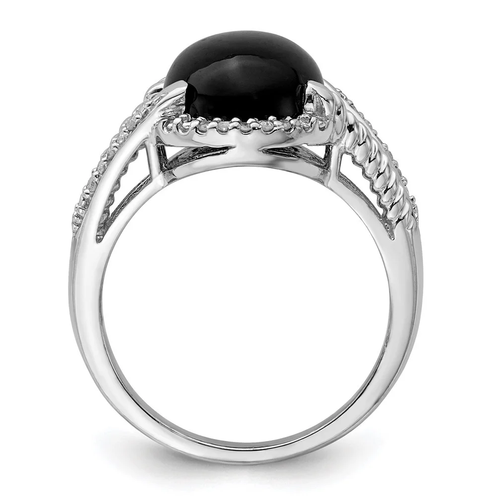Auriga 925 Sterling Silver Rhodium Plated Oval Onyx and Diamond Solitaire Ring Size 7 for Women