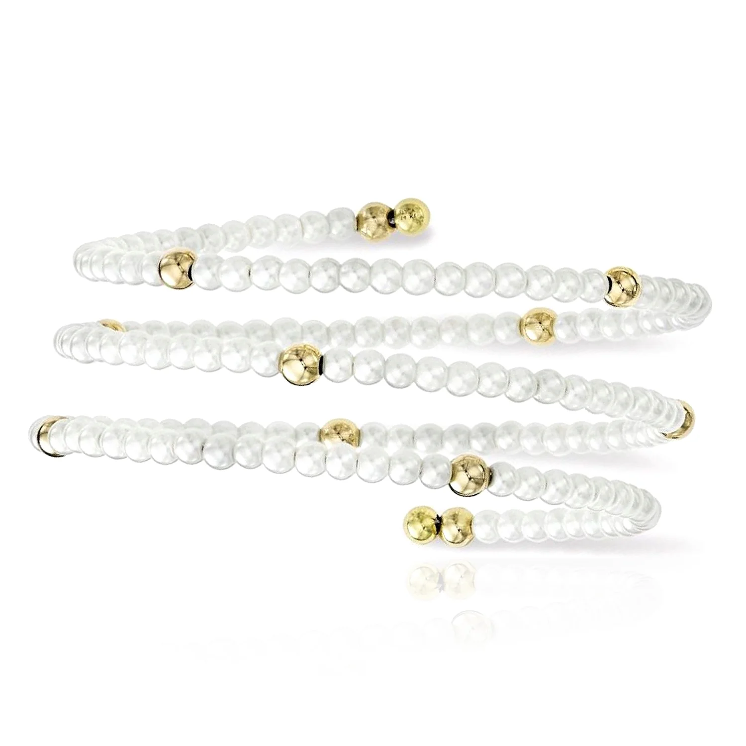 14K Yellow Gold Natural Freshwater Pearl Layered Bead Coil Bangle Bracelet