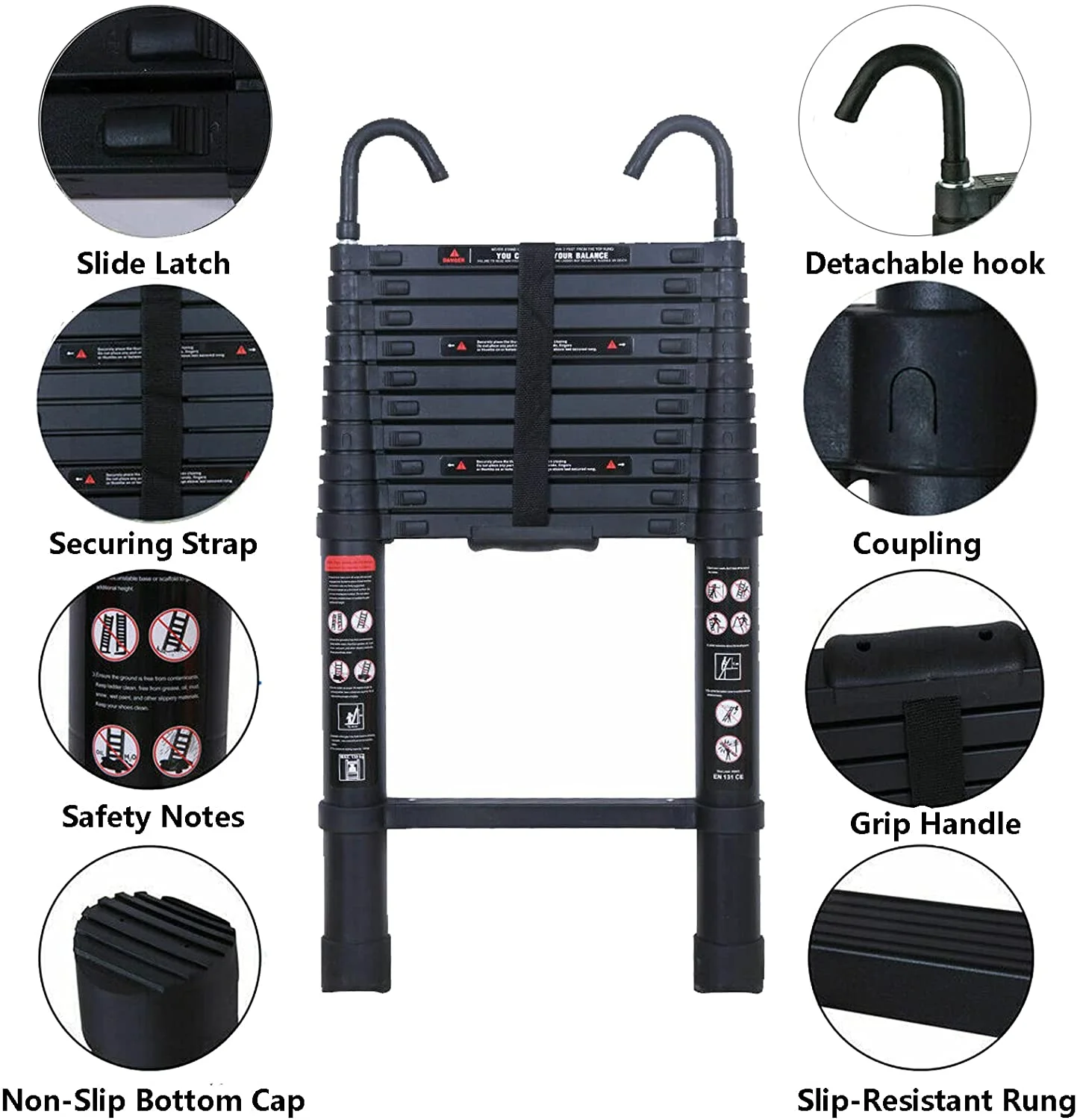 Dayplus 3.2M/10.5Ft Folding Aluminum Telescopic Extension Ladder Step with Hook