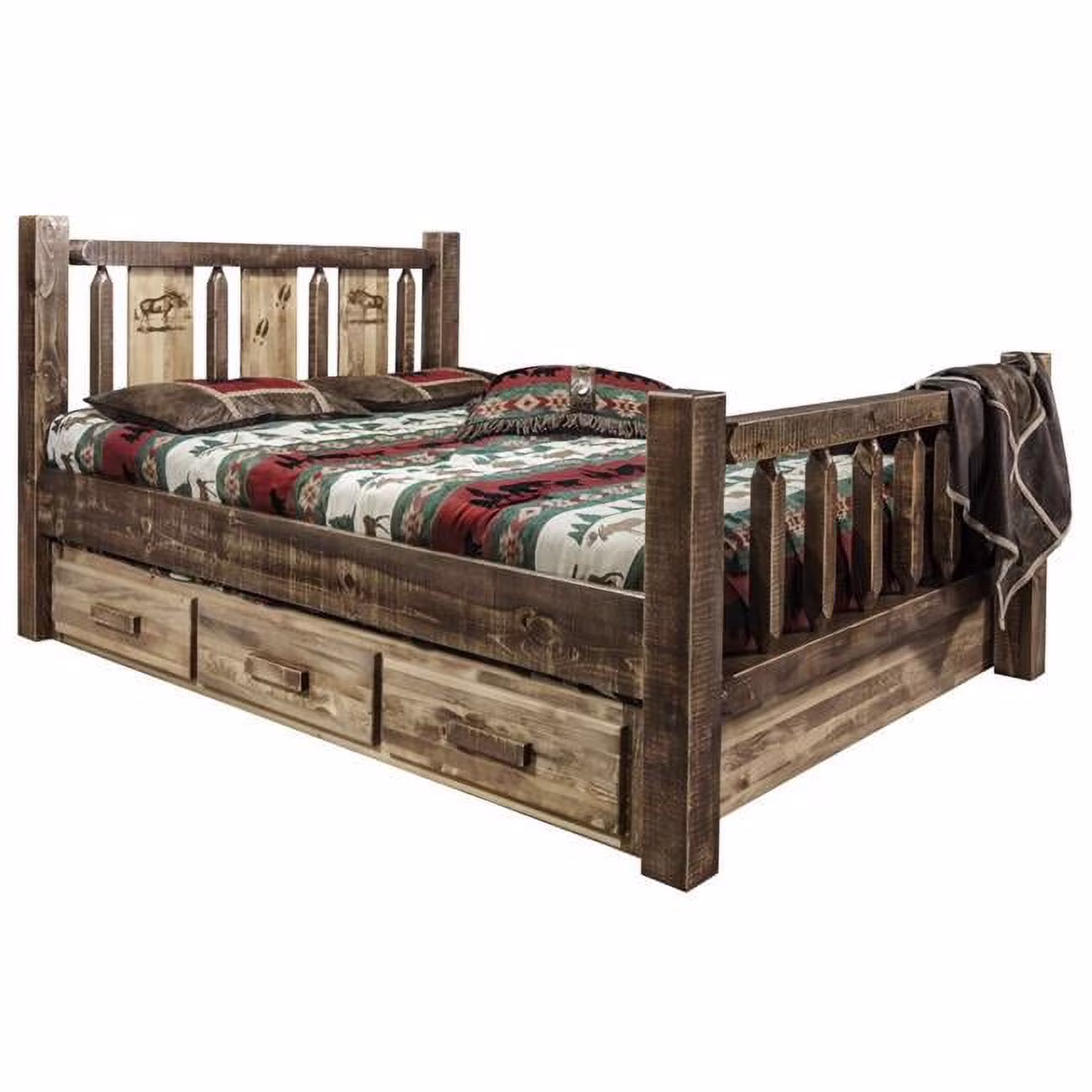 Homestead Storage Bed with Laser Engraved Moose Design, Stain & Clear Lacquer - Full Size