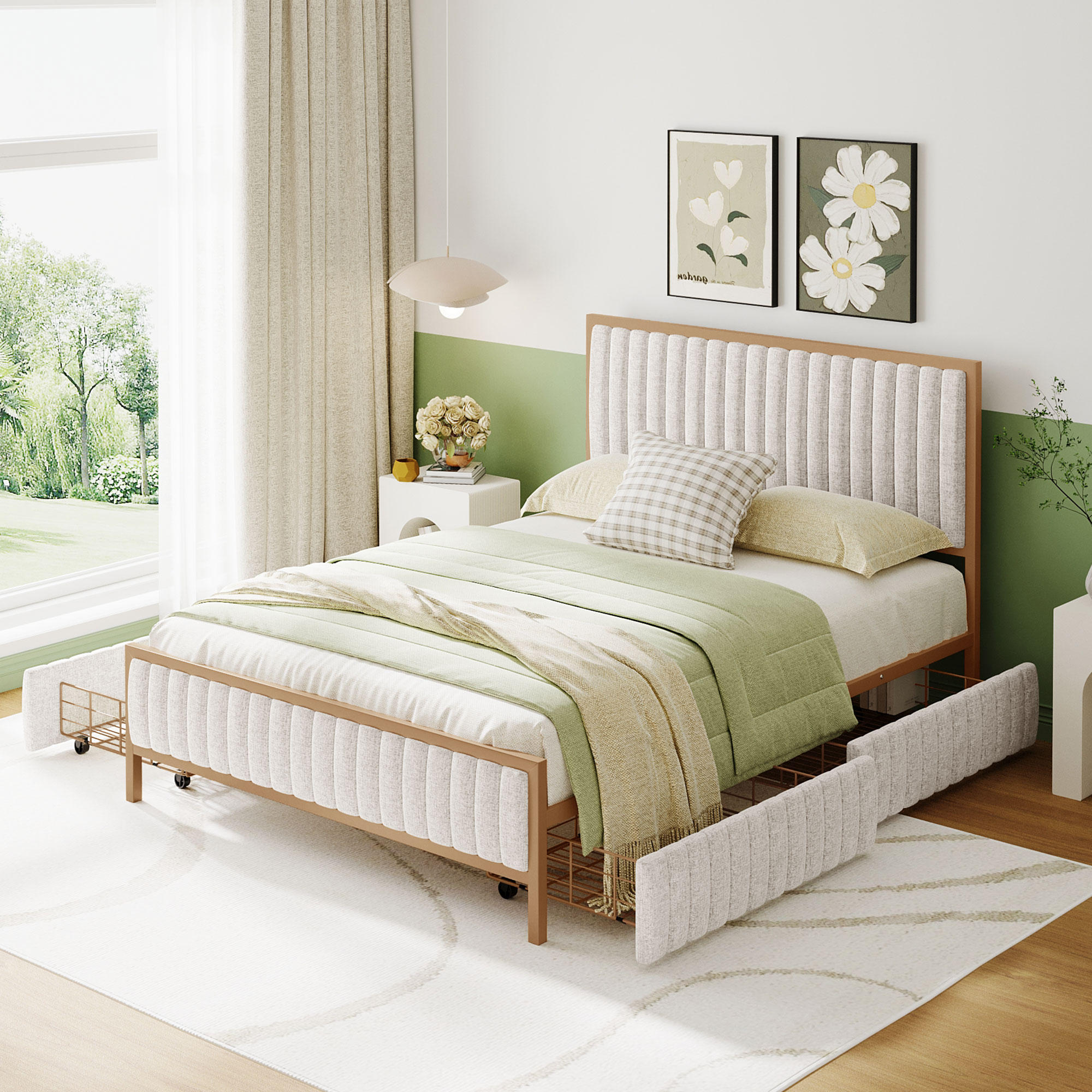 CoSoTower Full Size Metal Frame Upholstered Bed with 4 Drawers, Linen Fabric, Beige