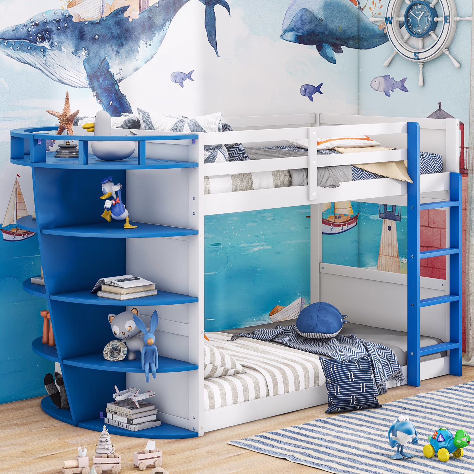 CoSoTower Twin Over Twin Boat-Like Shape Bunk Bed with Storage Shelves, White+Blue