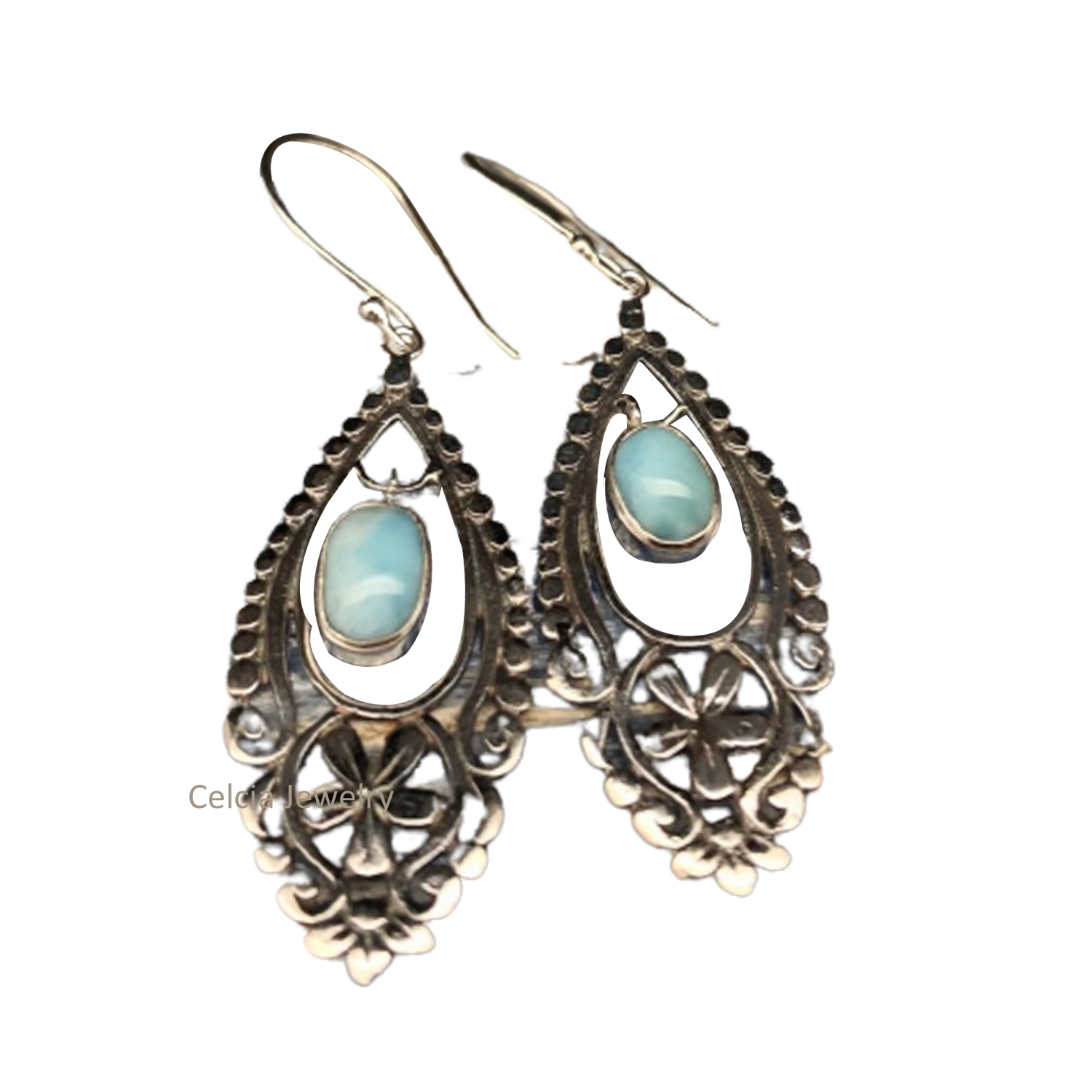 Solid 925 Sterling Silver Dangle Drop Earrings For Women, Larimar Natural Blue Gemstone Unique Handcrafted Designer Earrings For Her