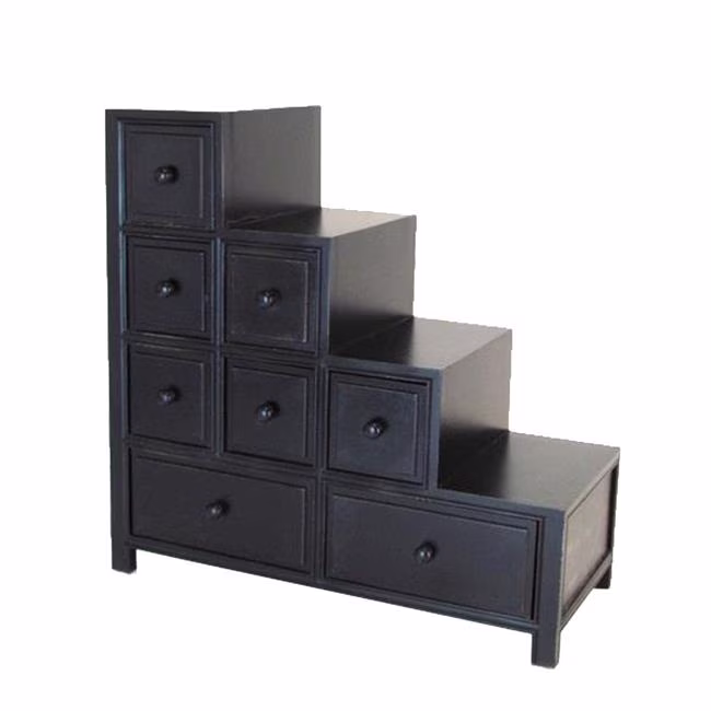 Wooden Frame Reversible Step Chest with 8 Drawers, Antique Black
