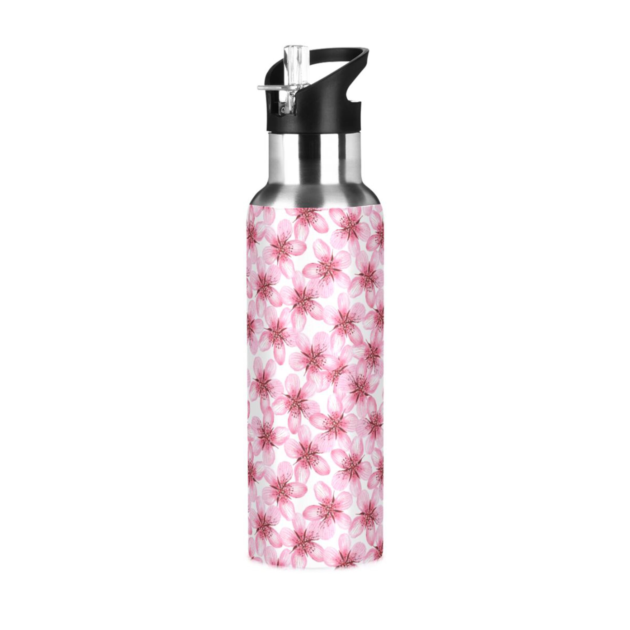 Pink Almond Flowers Water Bottles Insulated Thermos Kids Stainless Steel Bottle with Straw Lid Flask Leakproof for Sports Gym 20 oz