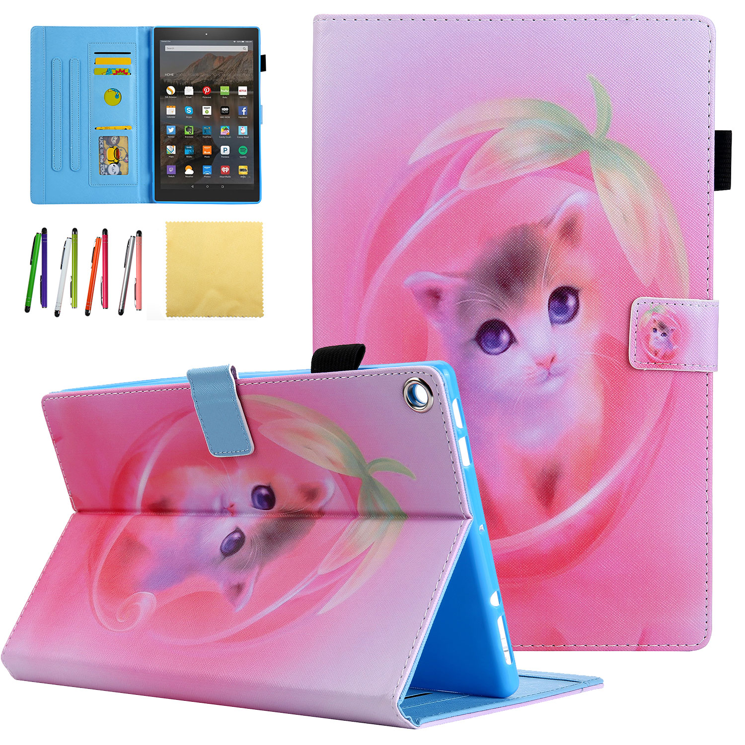 Allytech Case for All-New Amazon Fire HD 10.1 Tablet (7th Generation, 2017 Release) - Folio Stand Cover Case with Card Slots & Auto Wake / Sleep Function, Pink Cat