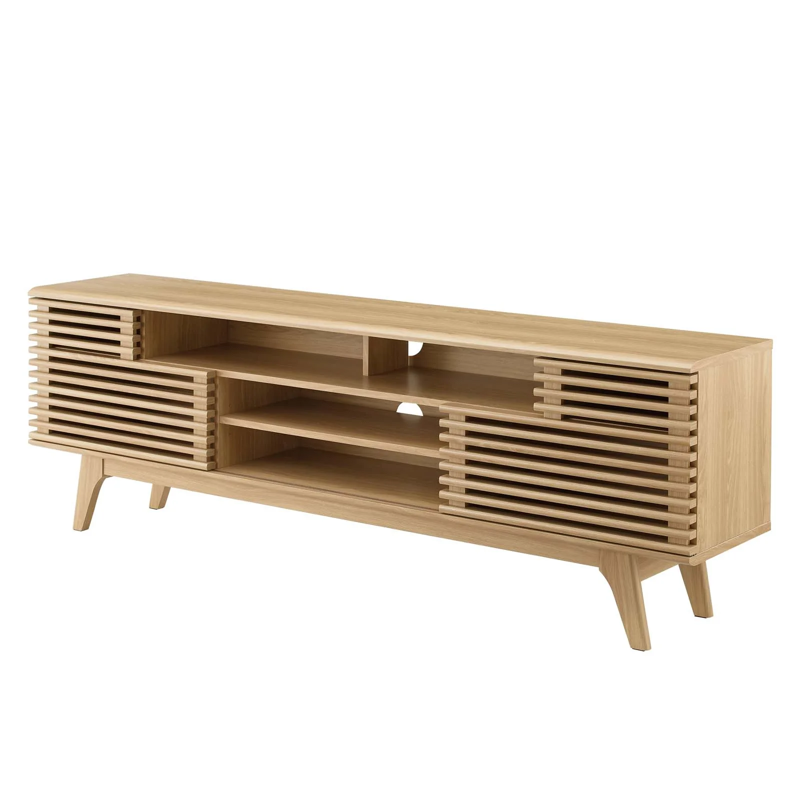 Media TV Stand Console Table, Wood, Brown Oak, Modern Contemporary Urban Design, Living Lounge Room Hotel Lobby Hospitality