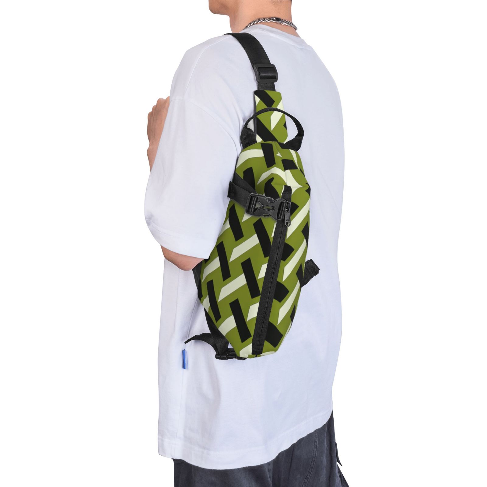 ZNDUO Small Sling Crossbody Backpack, Slime Green Houndstooth Pattern Lightweight One Strap Sling Bag Backpack for Hiking Walking Biking Travel Cycling