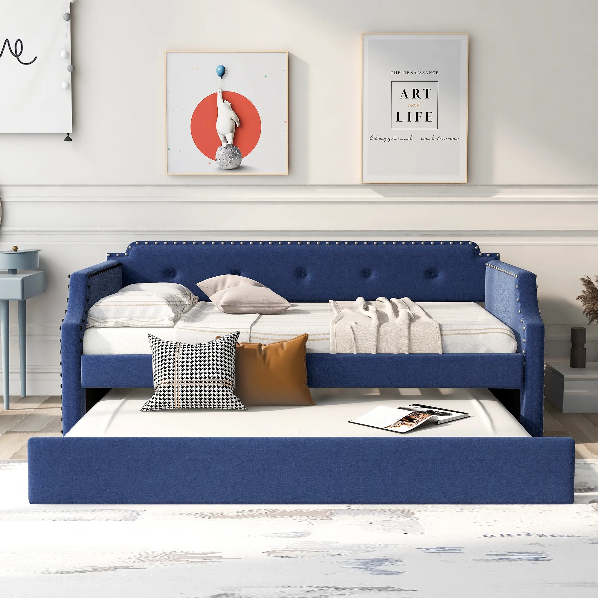 CoSoTower Upholstered Daybed With Trundle, Wood Slat Support, Upholstered Frame Sofa Bed, Twin, Blue