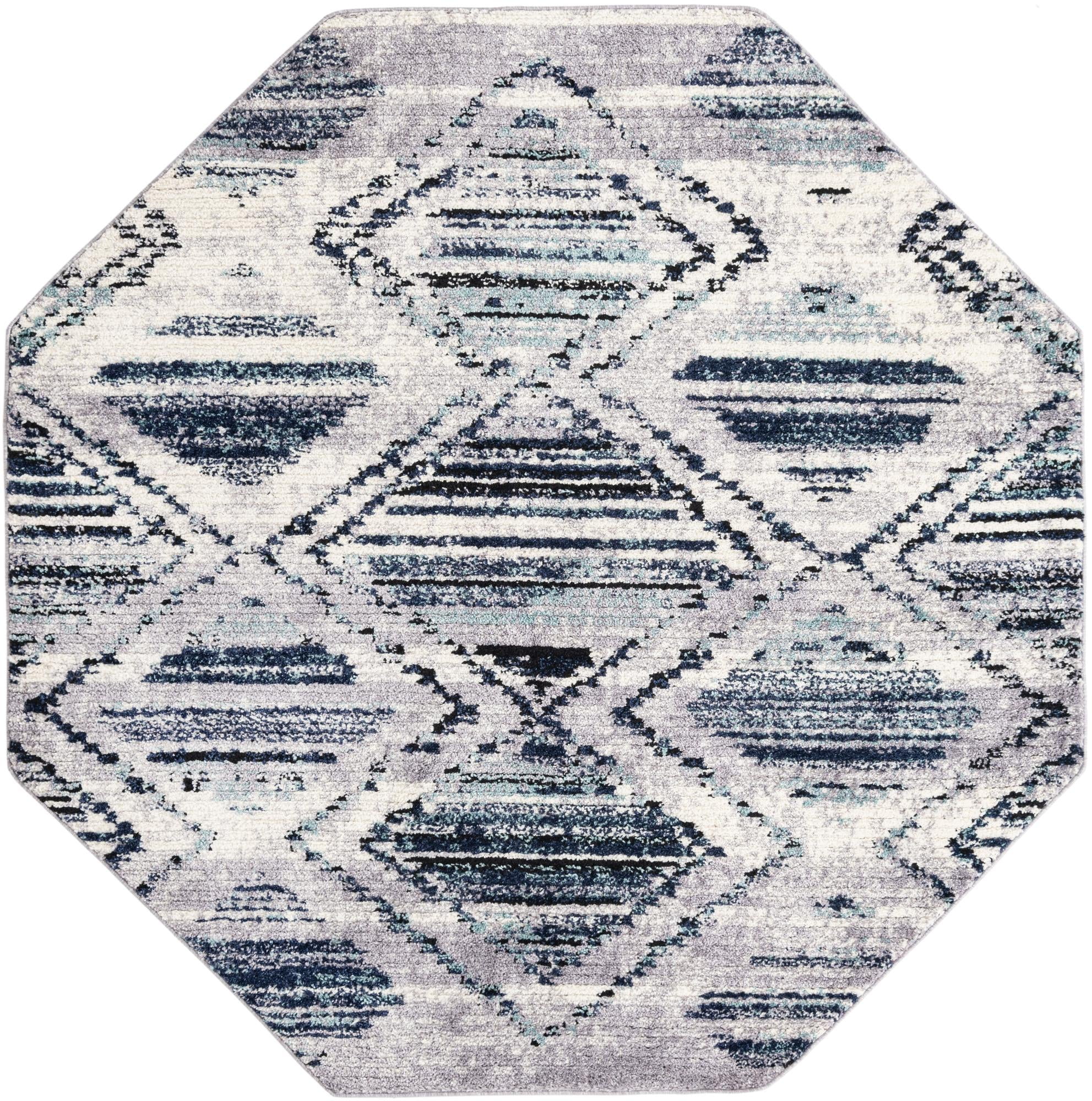Rugs.Com Tagine Collection Rug – 8 Ft Octagon Blue Gray Medium-Pile Rug Perfect For Living Rooms, Kitchens, Entryways