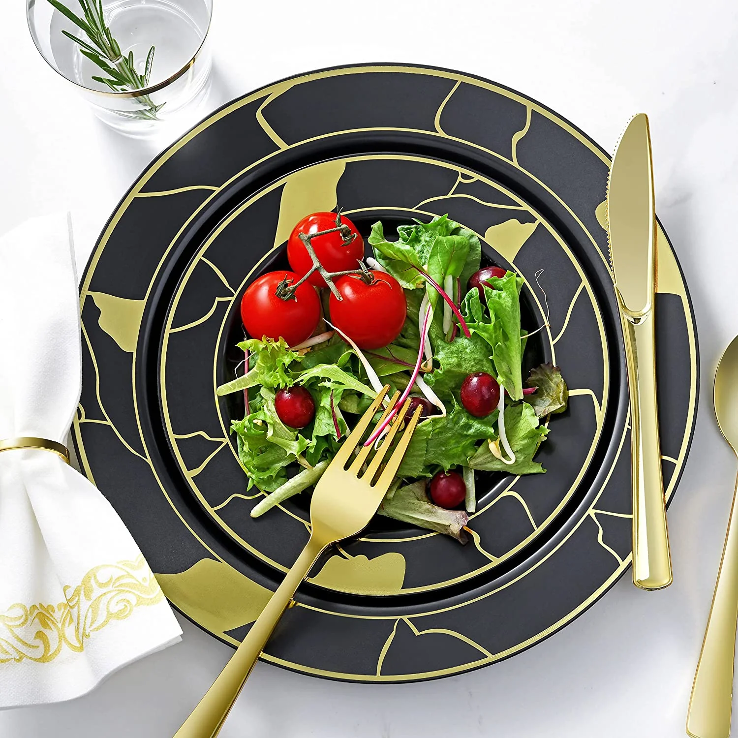 Chateau Fine Tableware 252-Piece Black and Gold Plates, Napkins, Party Supplies, Dinnerware for Adults (36 sets)