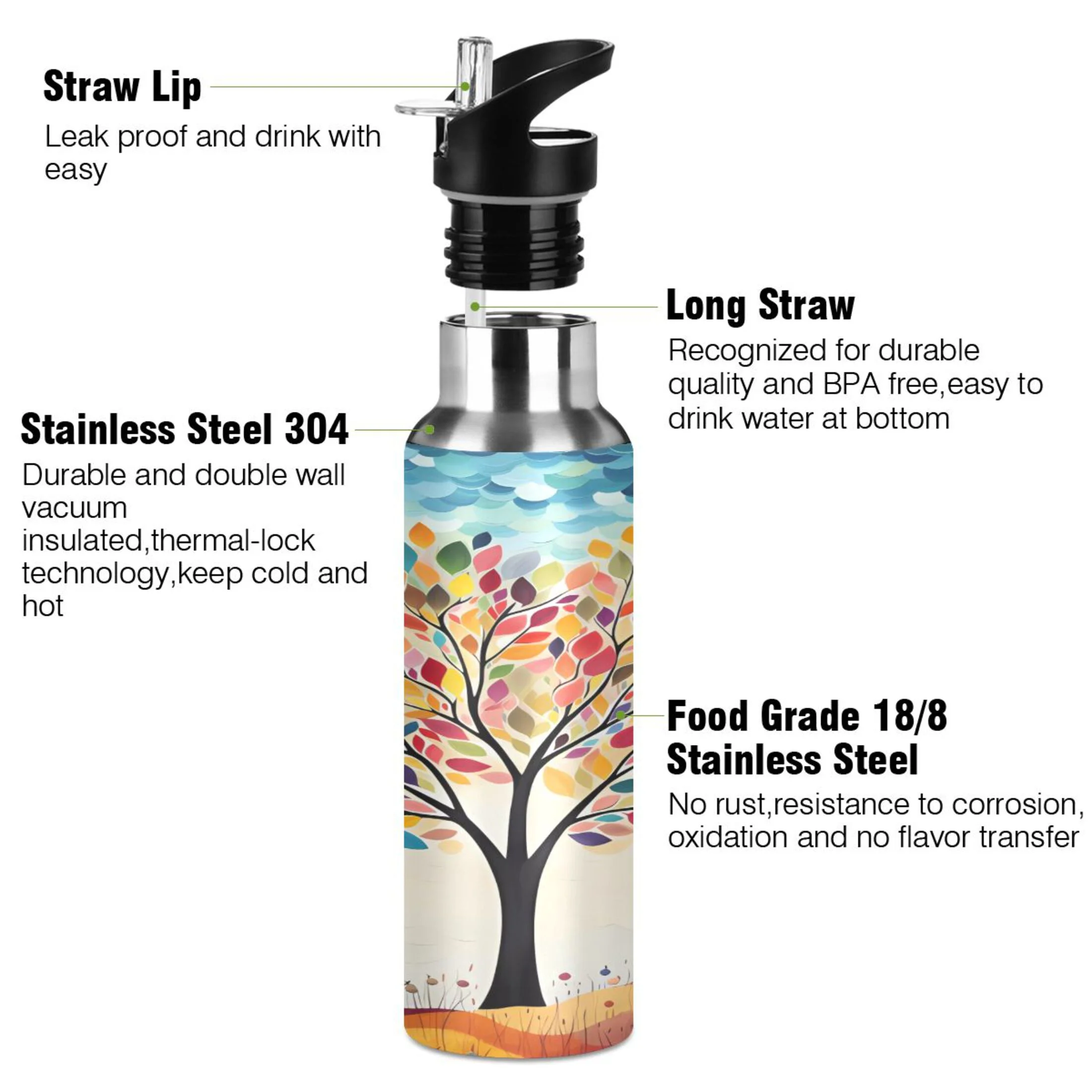 Water Bottle with Straw Lid Leak Abstract Tree with Blue Stainless Steel Insulated Thermos Vacuum Flask for Cold Hot Drinking for Sports Camping Gym Yoga
