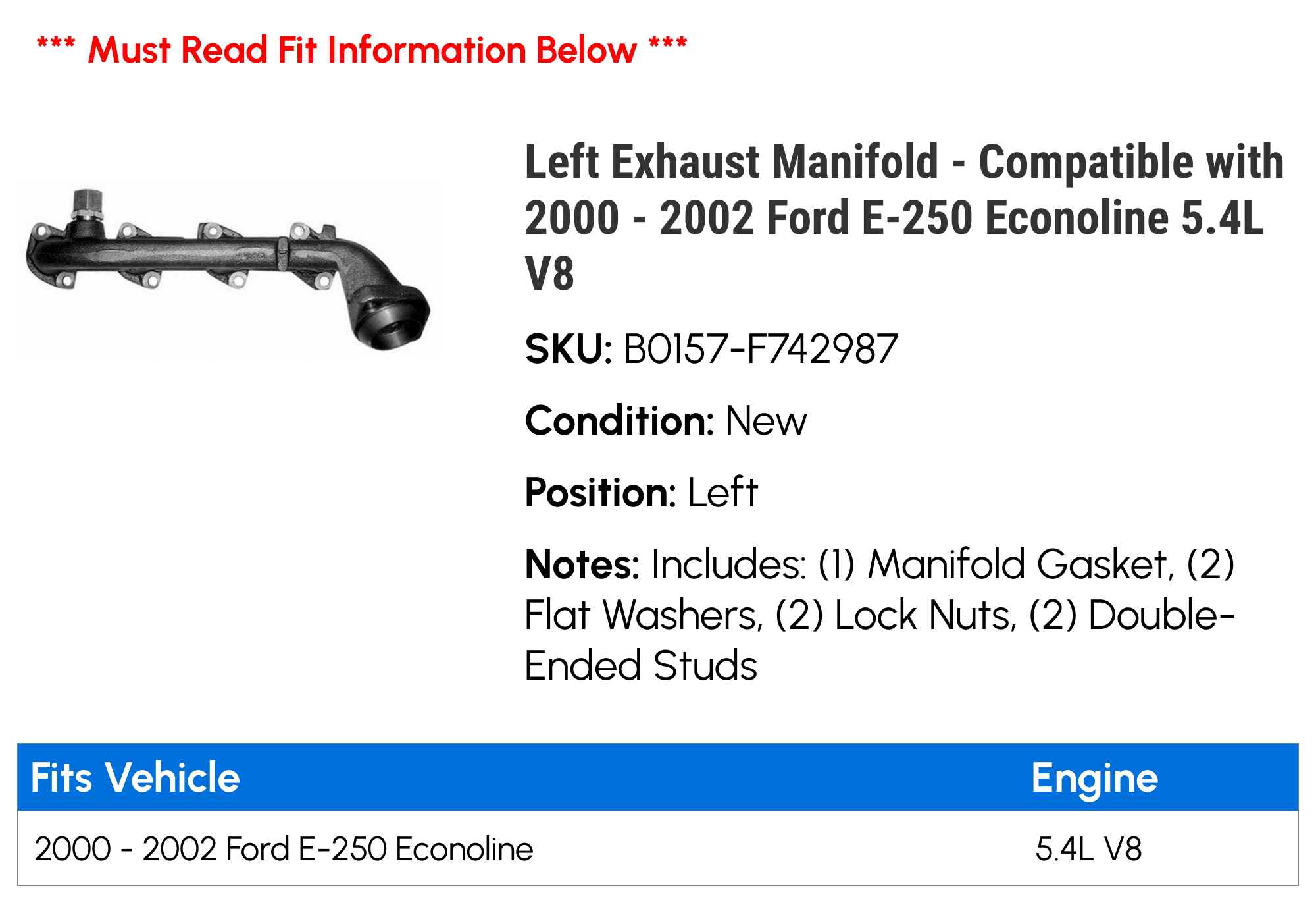 Left Exhaust Manifold - Compatible with 2000 - 2002 Ford E-250 Econoline 5.4L V8 2001