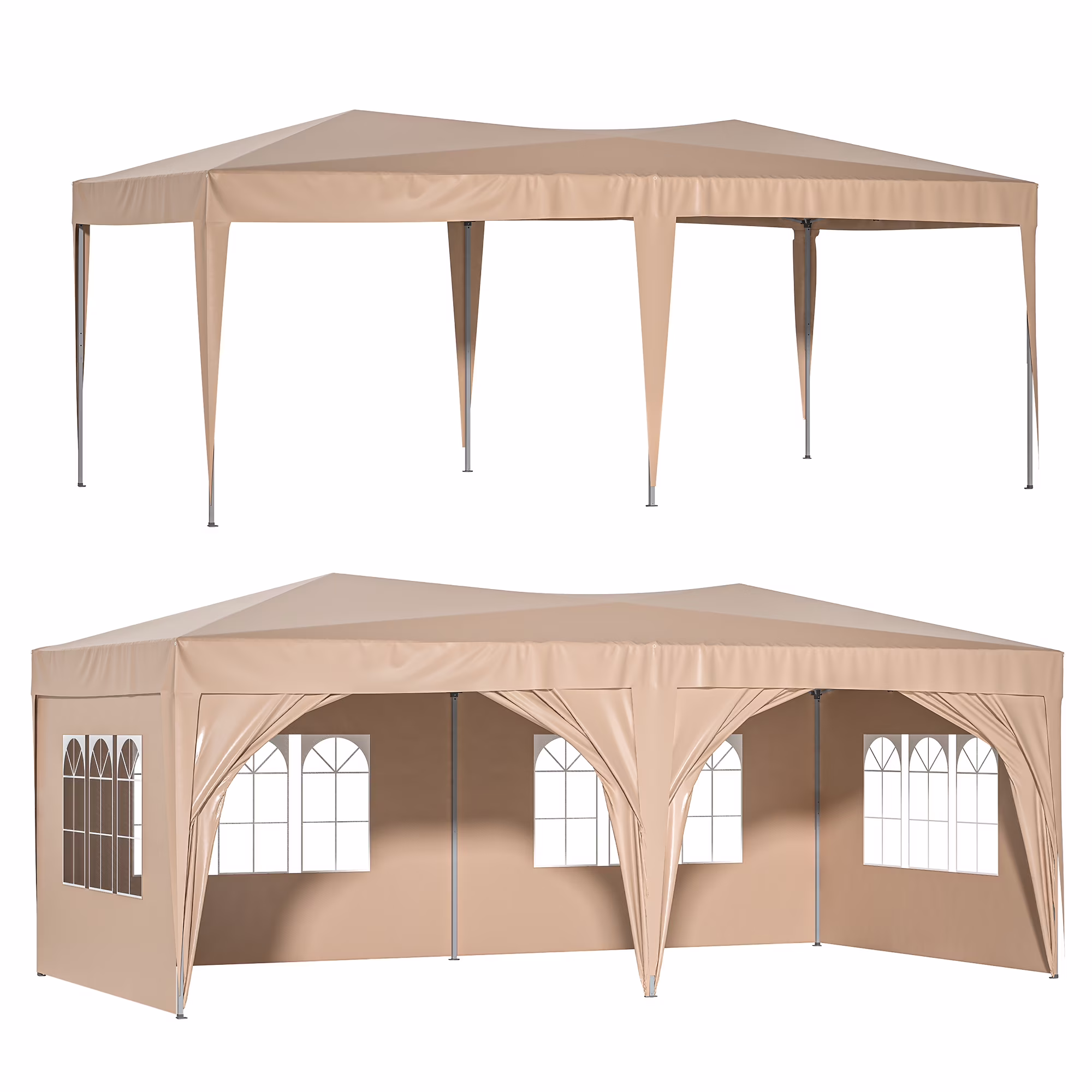 Powanli 10'x20' EZ Pop Up Canopy Outdoor Portable Party Folding Tent with 6 Removable Sidewalls + Carry Bag + 6pcs Weight Bag Beige