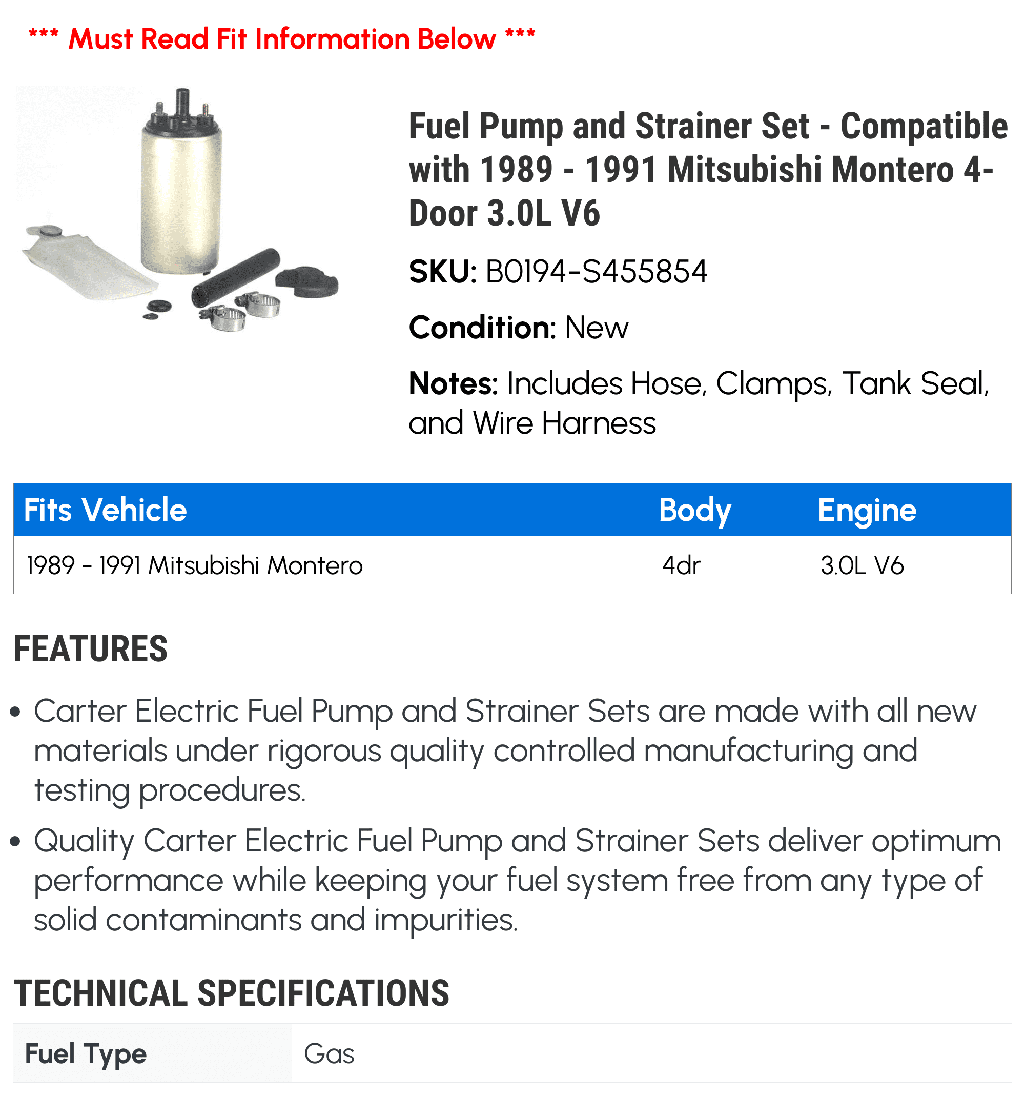Fuel Pump and Strainer Set - Compatible with 1989 - 1991 Mitsubishi Montero 4-Door 3.0L V6 1990