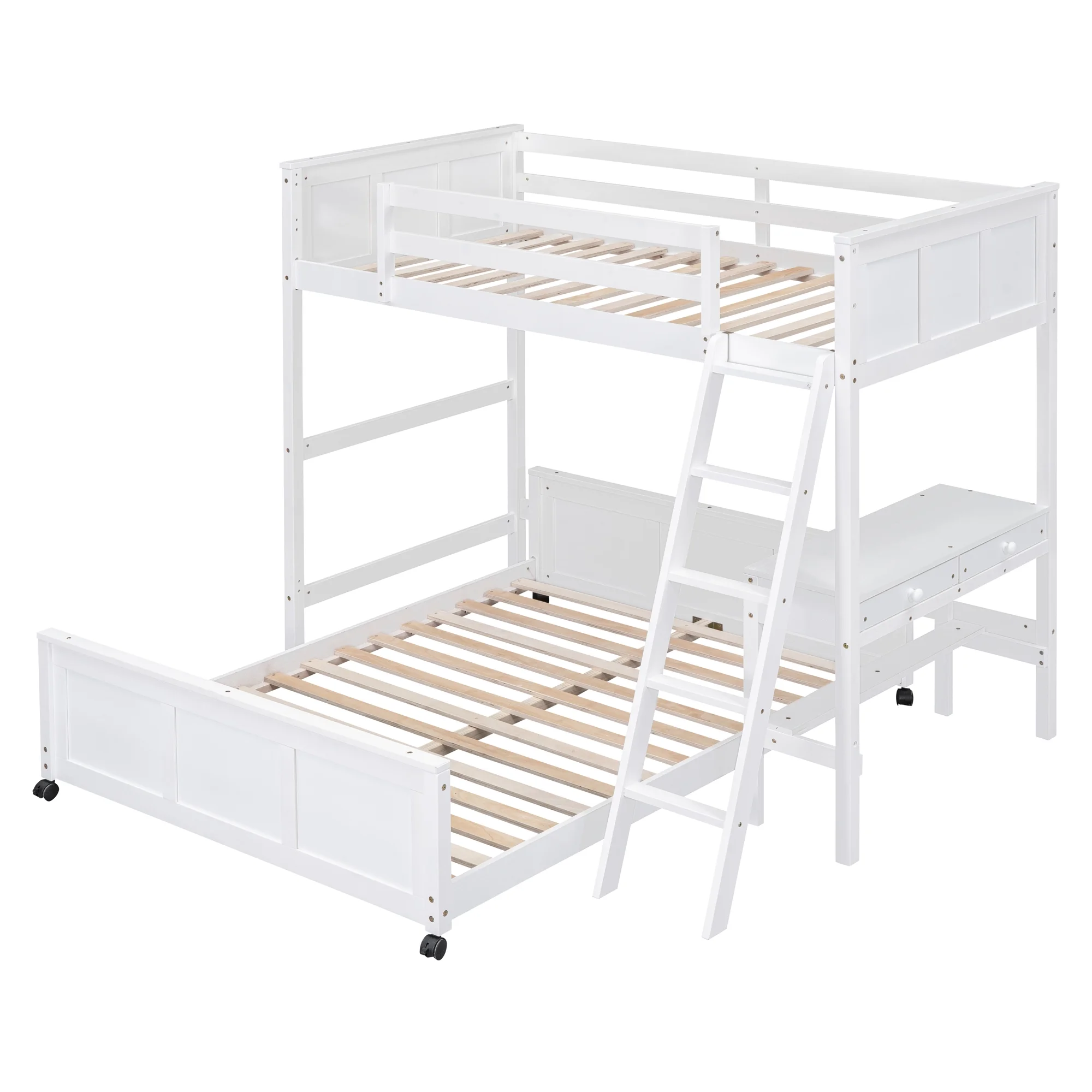 Nestfair White Twin Over Full Wood Bunk Bed with Desk and Drawers
