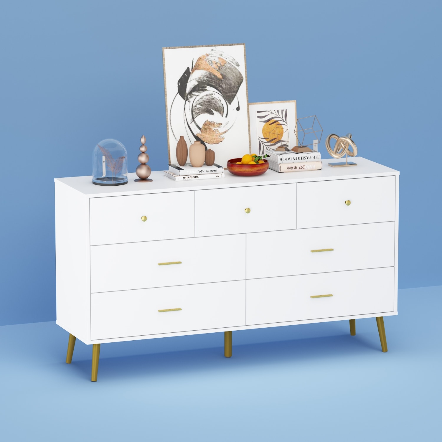 FUFU&GAGA 55.9inch Double Dresser Chest of Drawer Storage Organizer Unit Closet White