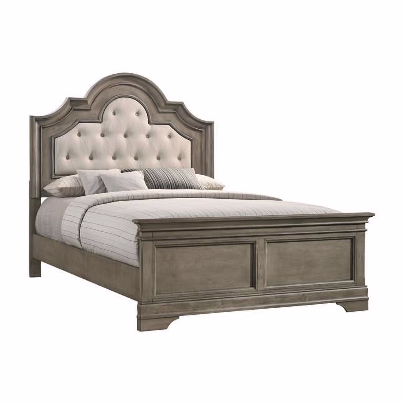 Benjara  Fabric Upholstery Scalloped & Arched Headboard Bem King Size Bed, Cream & Light Gray